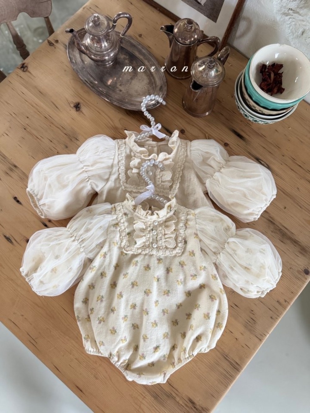 Marron 51｜(3m-18m) 宮廷荷葉立領薄紗公主袖包屁衣