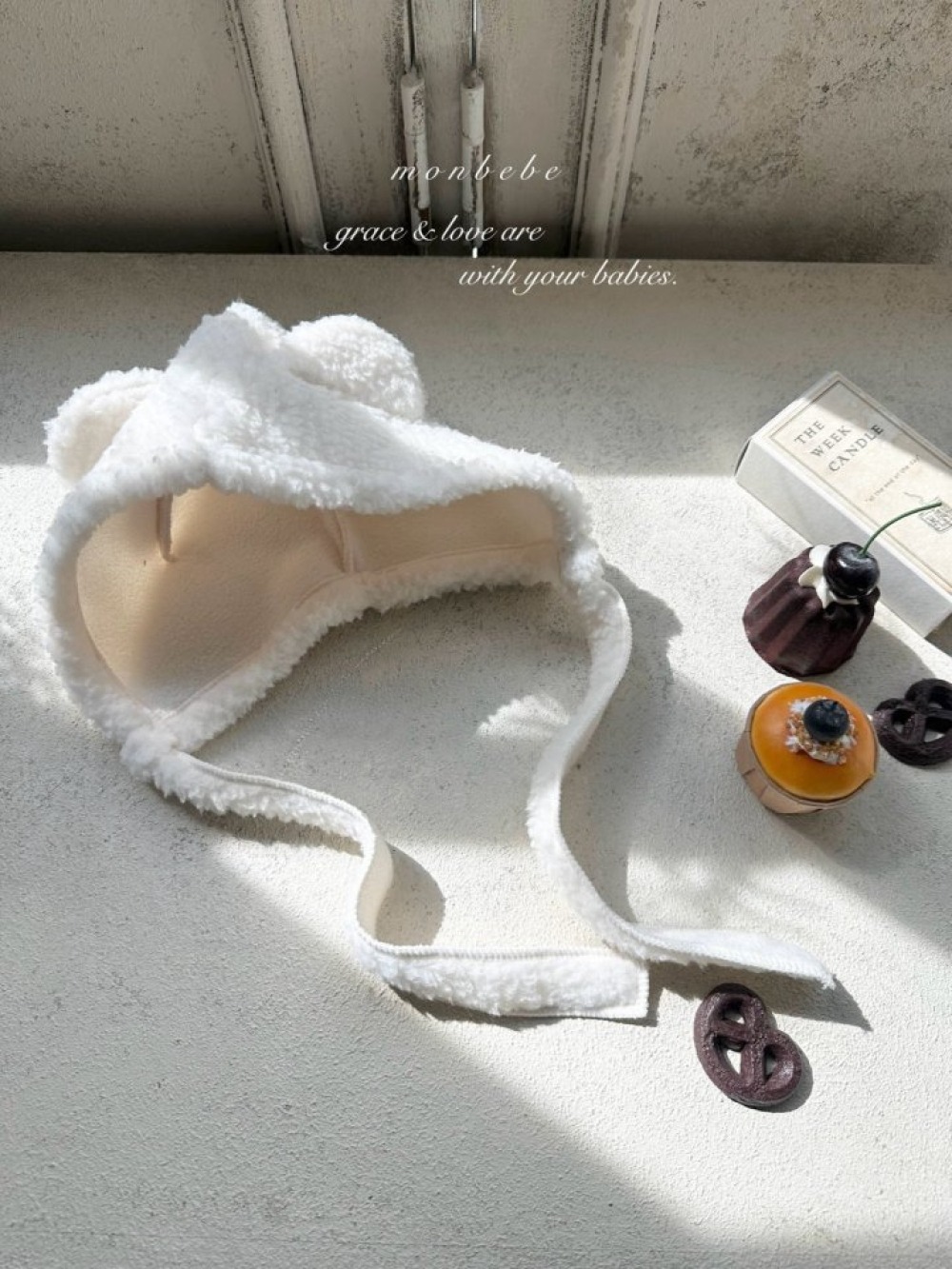 MONBEBE26｜(3m-24m) 刷毛小熊綁帶帽