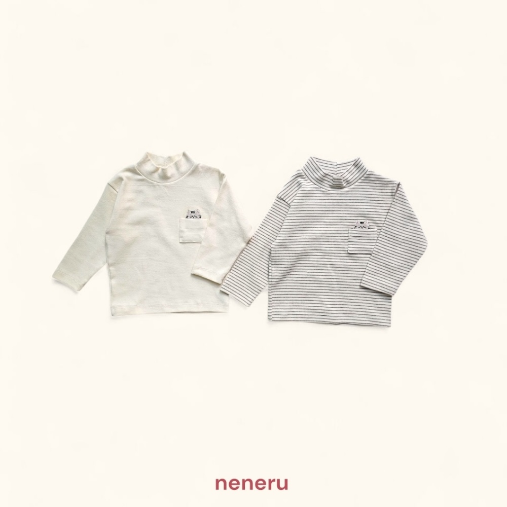 neneru12｜(70cm-125cm) 2色刺繡小貓口袋高領上衣