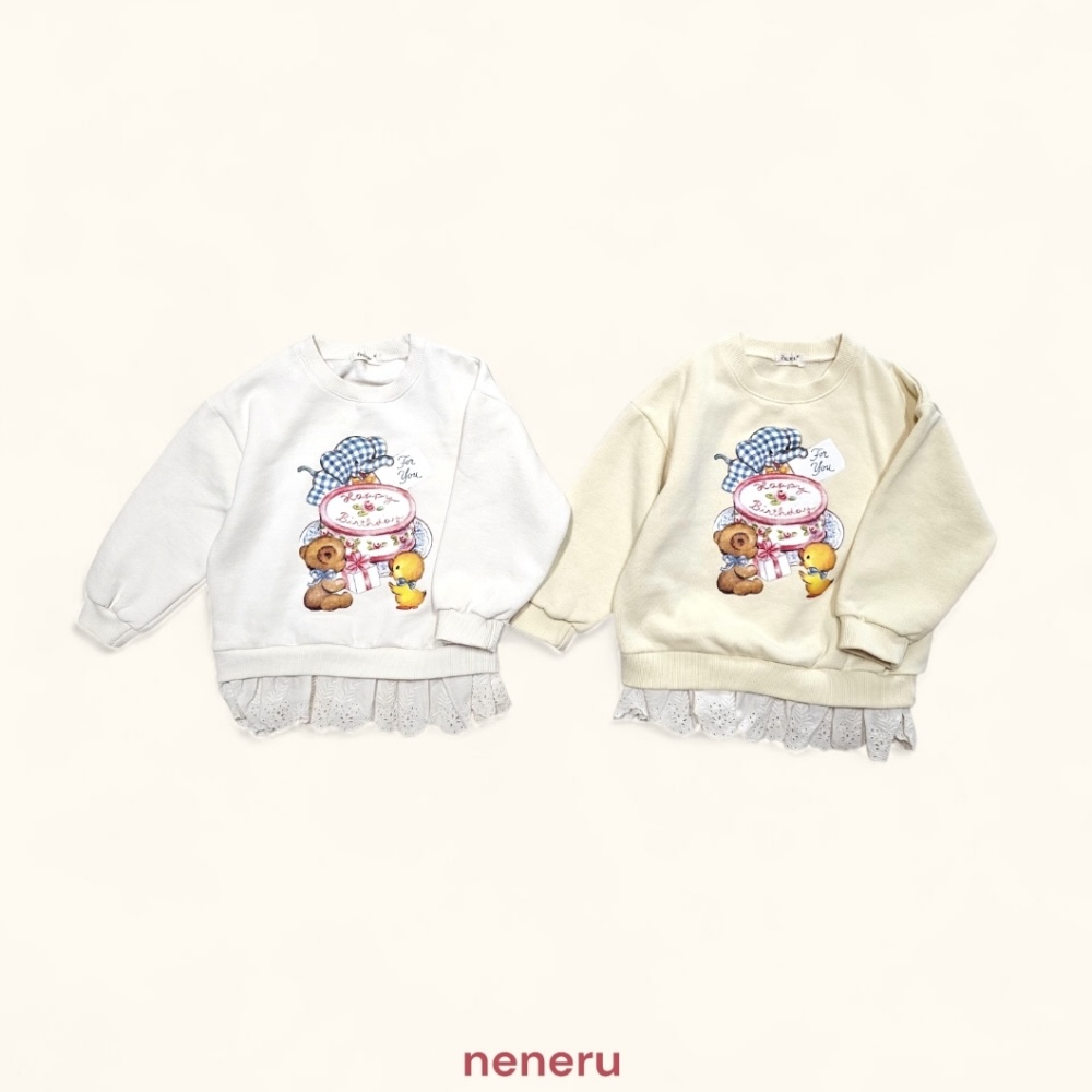 neneru32｜(85cm-125cm) 2色法式插畫蕾絲荷葉邊上衣