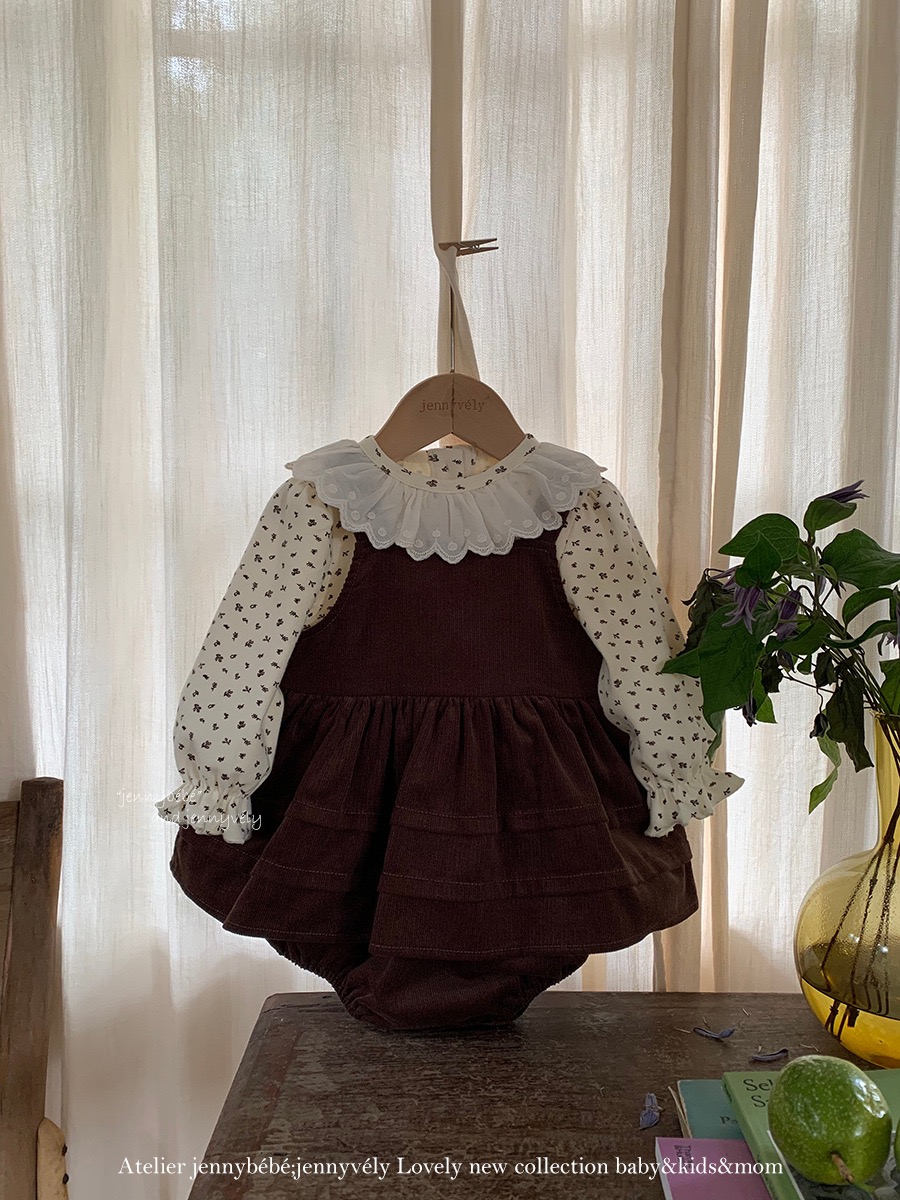 JE582｜(73-100cm) 滾邊翻領上衣/燈芯絨吊帶包屁裙