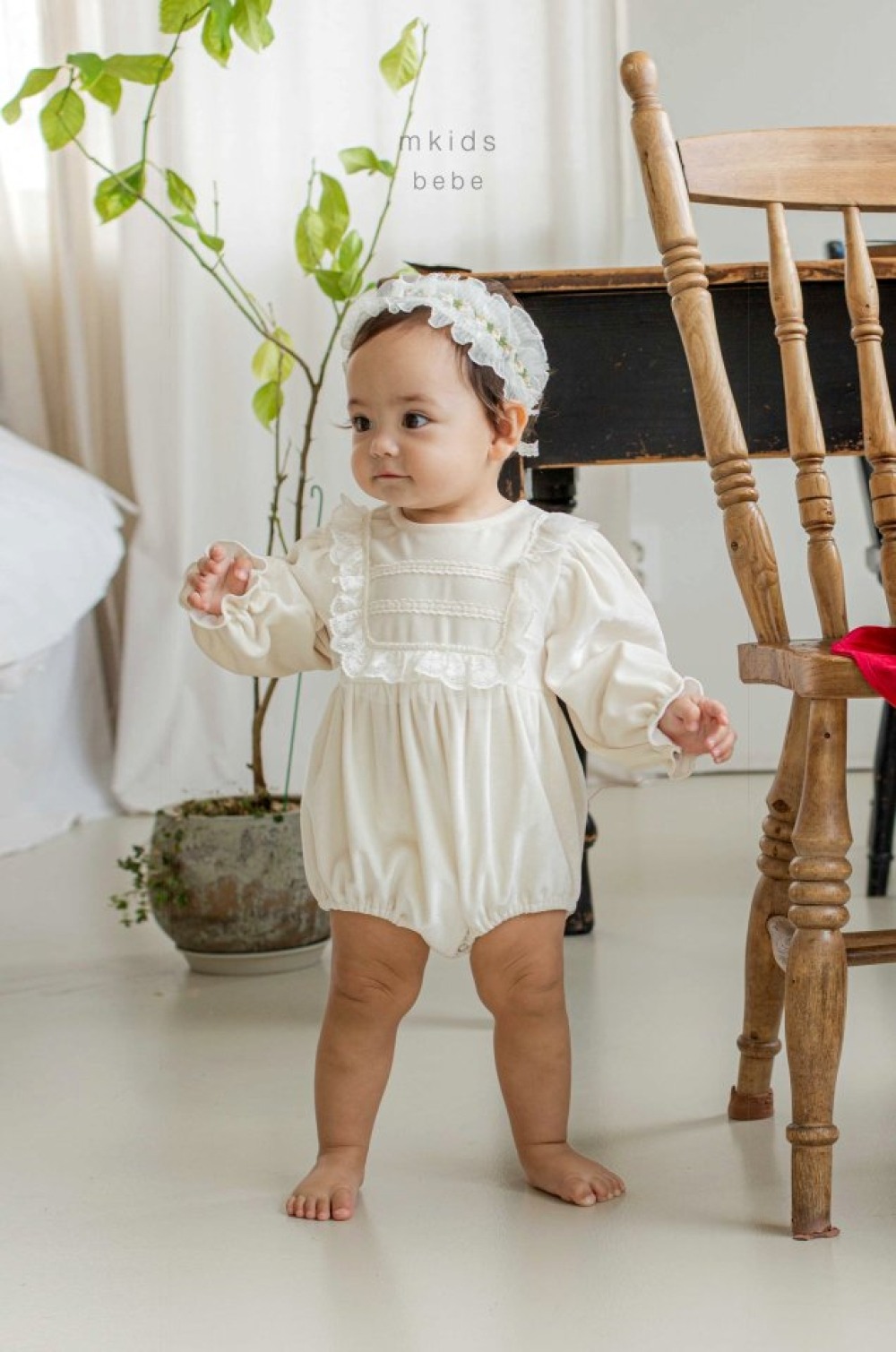 M-KIDS07｜(55-80cm) 2色法式絨面蕾絲包屁衣