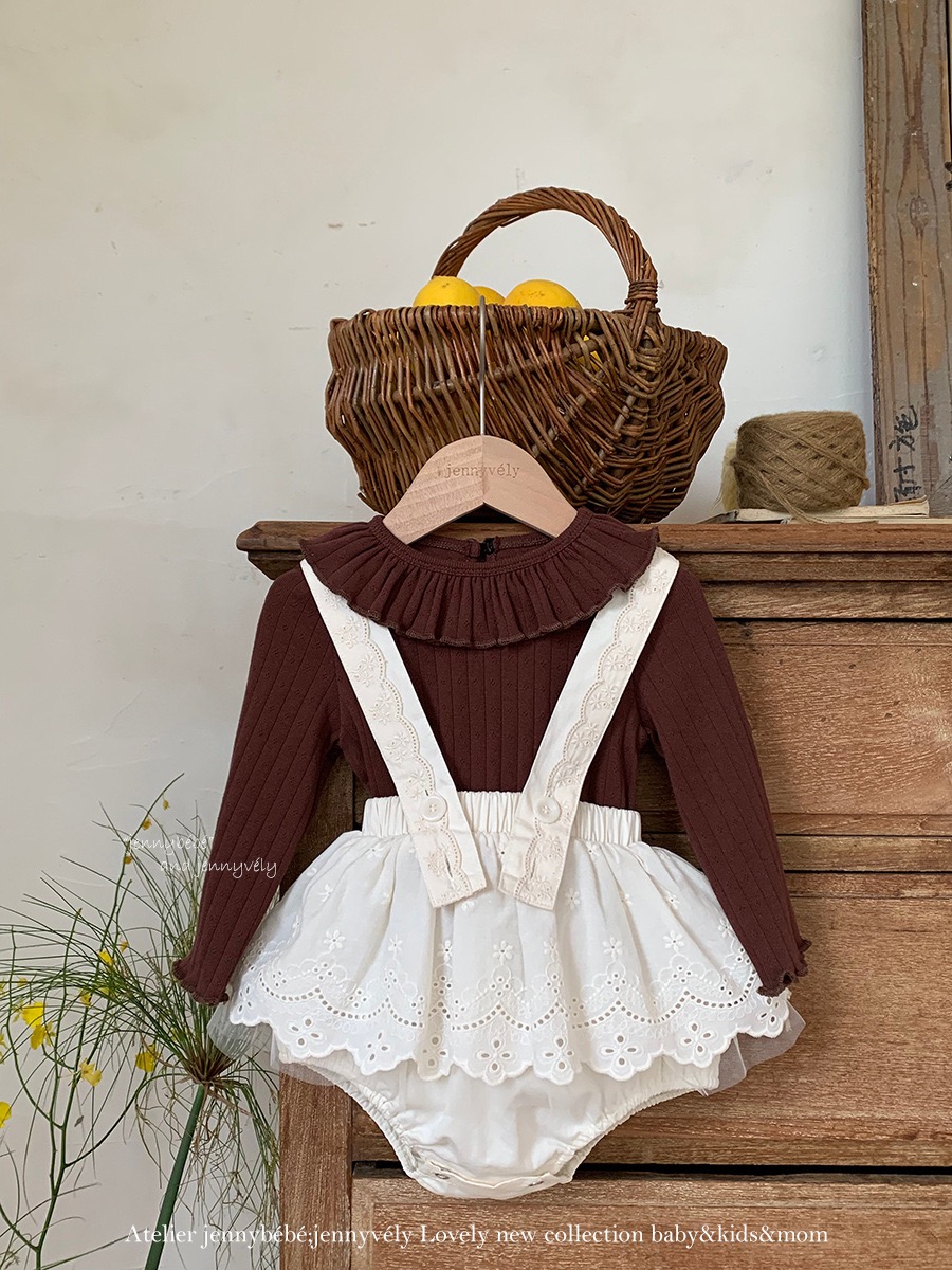 JE493｜(73-100cm) 滾邊翻領上衣/花邊吊帶裙