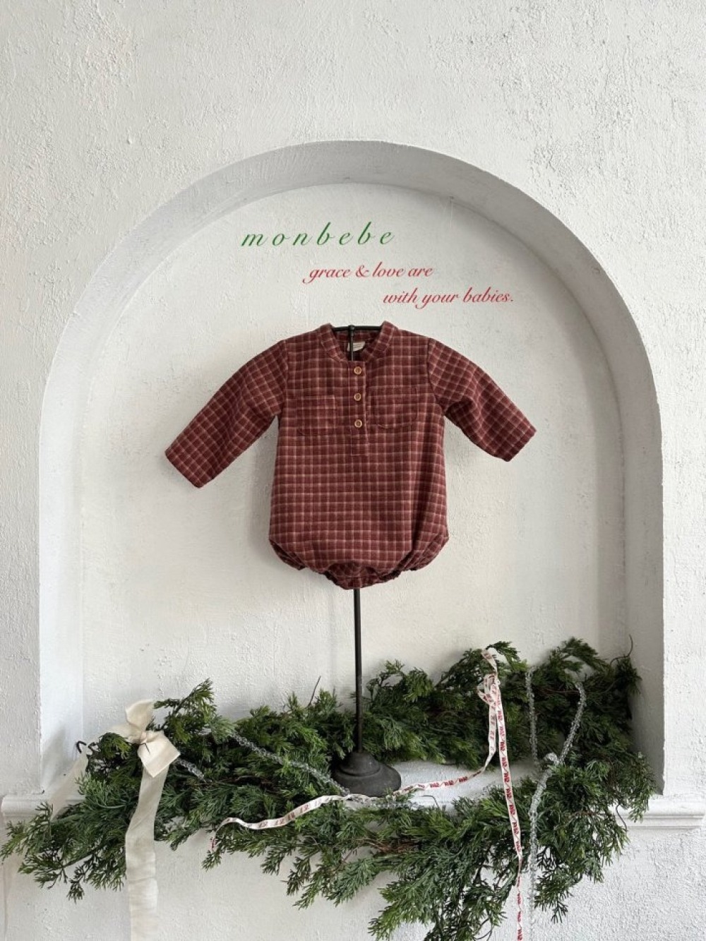 MONBEBE54｜(3m-12m) 立領格紋包屁衣