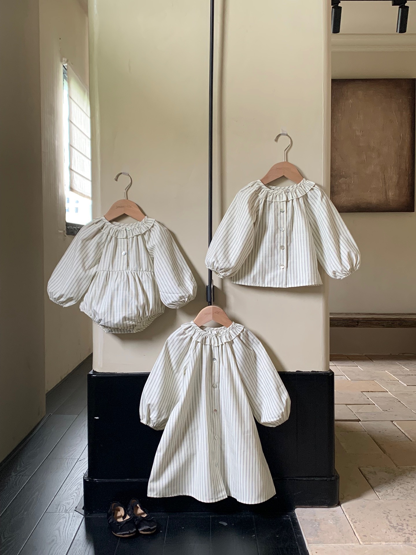 jenny bébé｜(66-80cm) 手足裝 清新條紋包屁衣襯衫洋裝