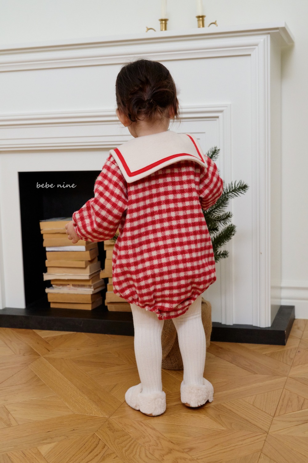 bebe nine60 (65cm-85cm) 3色格紋圓領段帶包屁衣