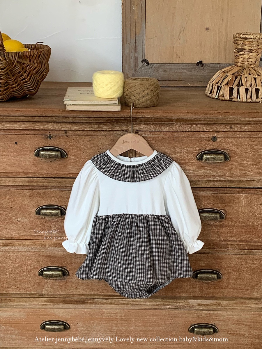 JE583｜(66-90cm) 格紋蝴蝶結綁帶包屁衣