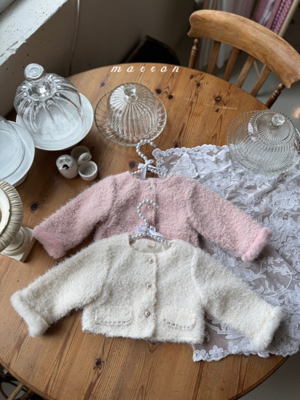 Marron 24｜(1y-6y) 羽毛珍珠開襟外套