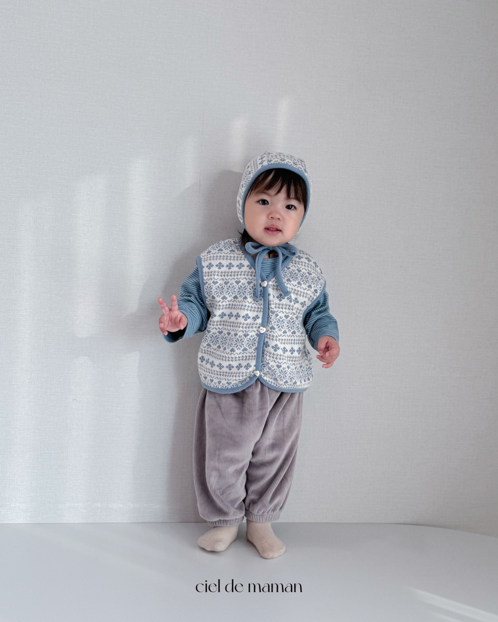Cieldemaman10｜(6M~24M)  2色雪花針織背心含帽子