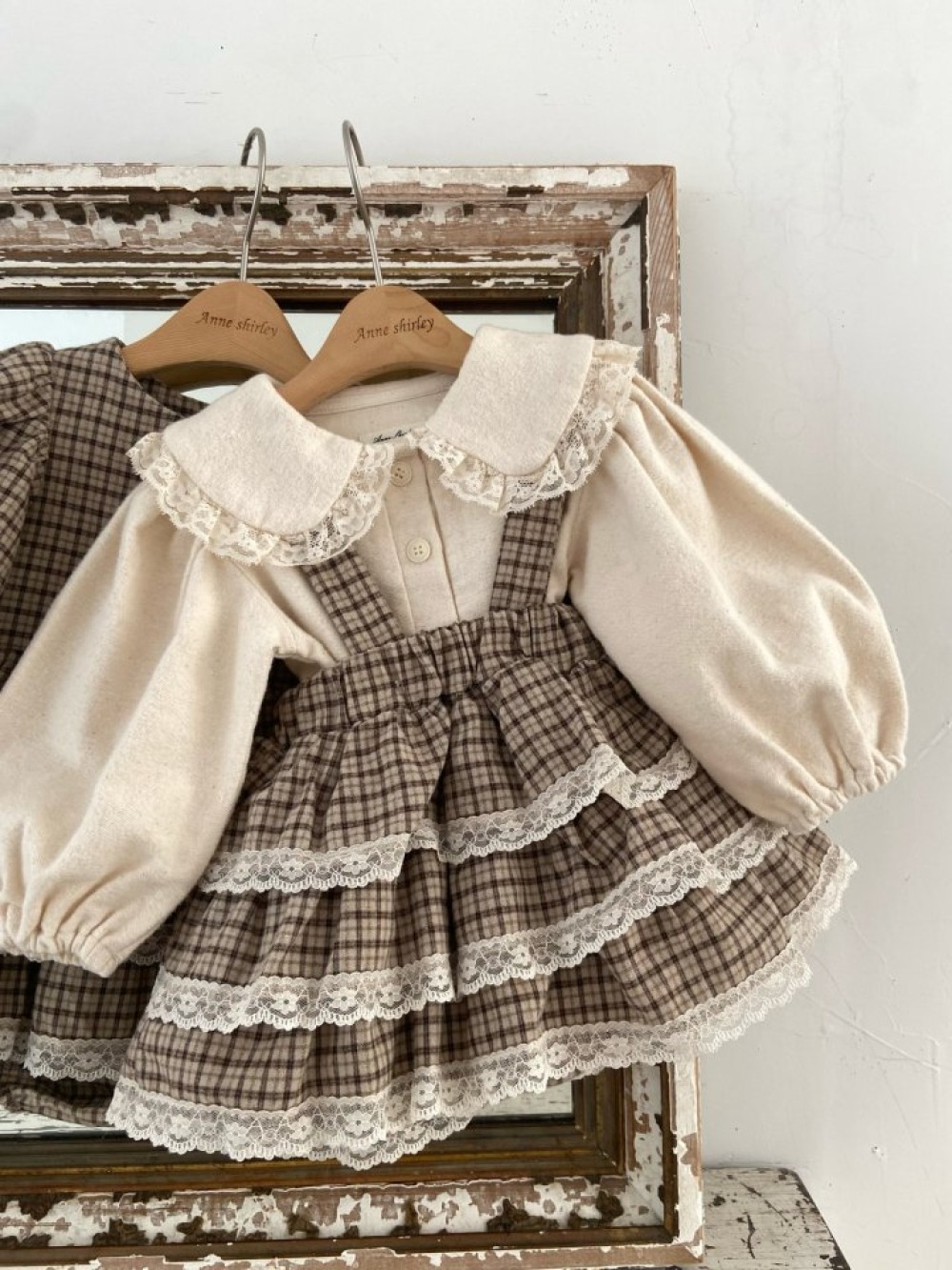Anne Shirley37｜(3m-22m) 1色格紋蕾絲花邊吊帶蛋糕裙包屁衣