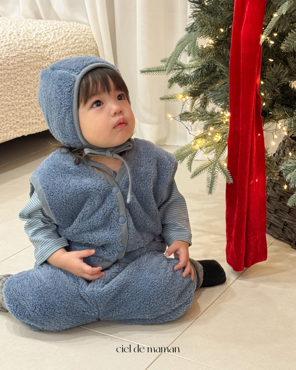 Cieldemaman12｜(6M~24M)  2色素色絨毛背心套裝含帽子