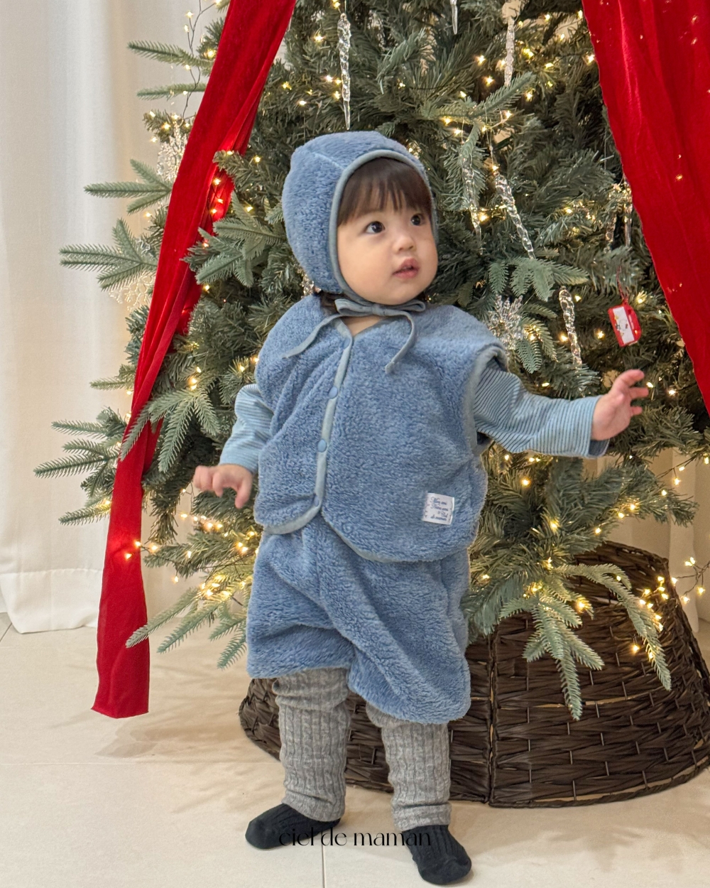 Cieldemaman12｜(6M~24M)  2色素色絨毛背心套裝含帽子