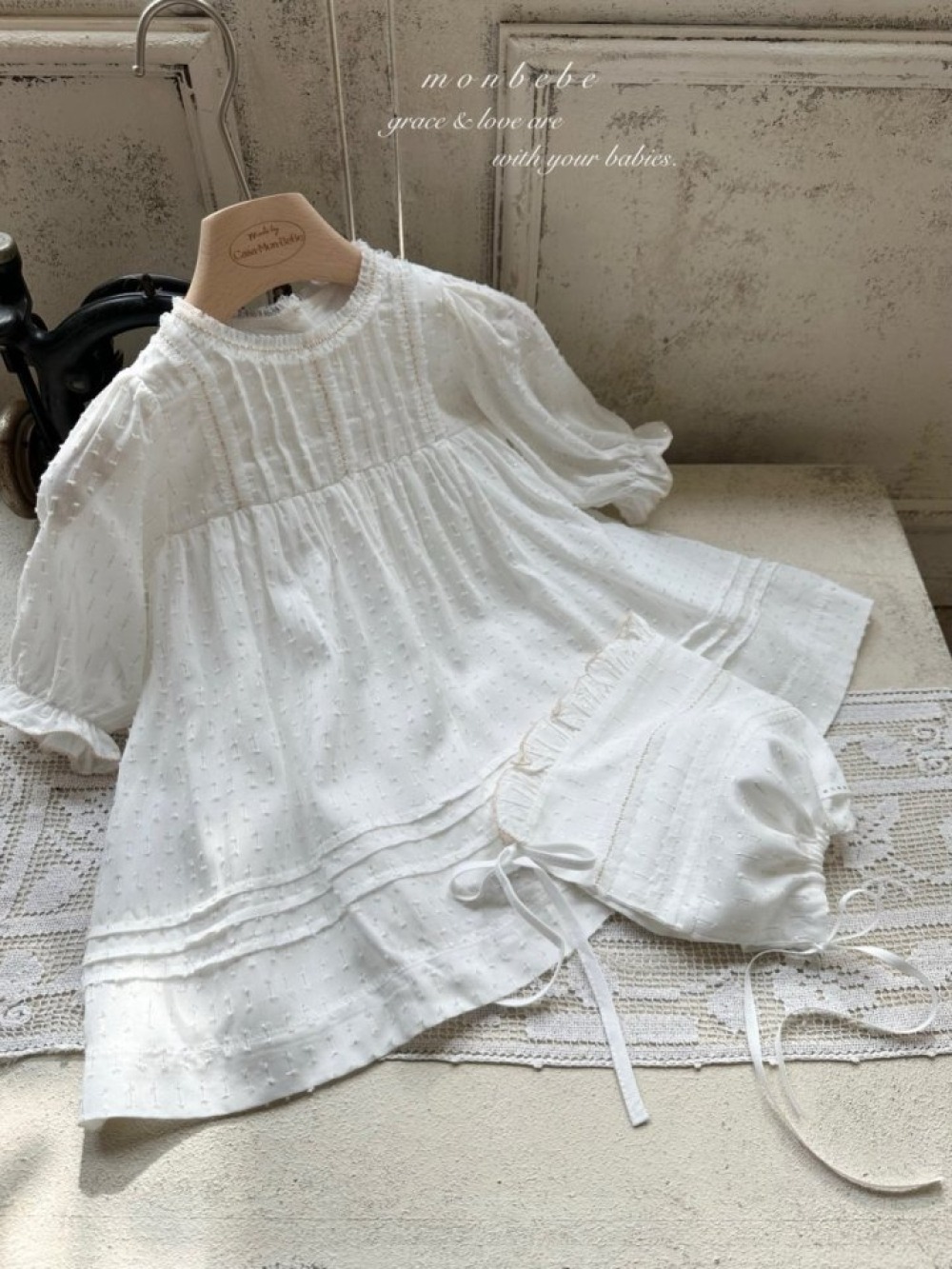 MONBEBE52｜(6m-12m) 花壓紋洋裝/帽子