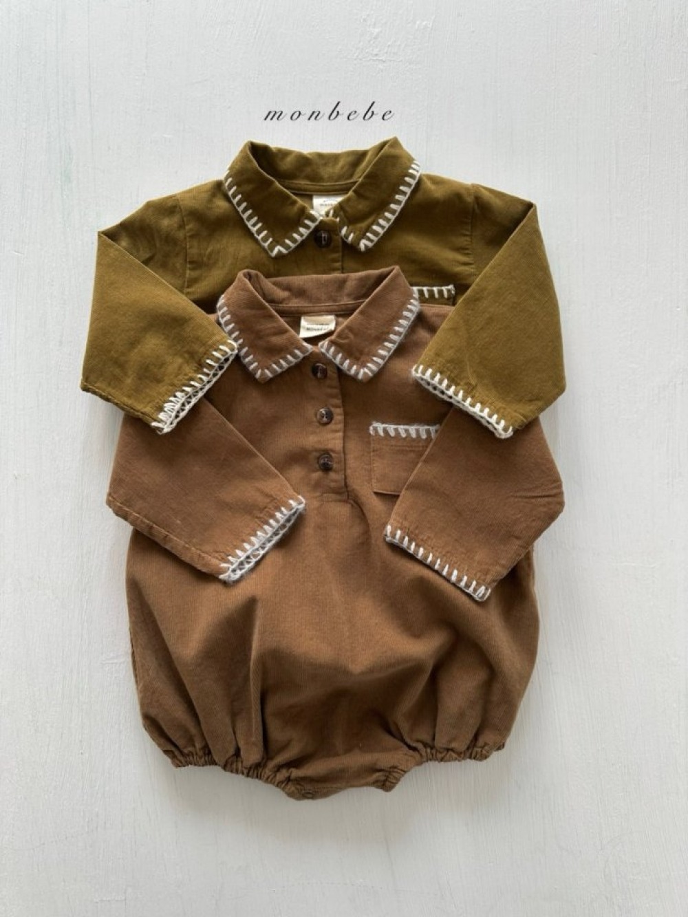 MONBEBE03｜(3m-24m) 冬季縫線滾邊有領包屁衣