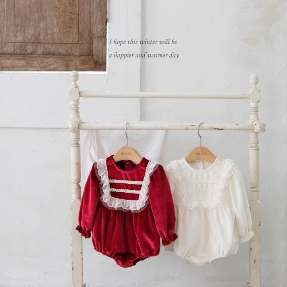 M-KIDS07｜(55-80cm) 2色法式絨面蕾絲包屁衣