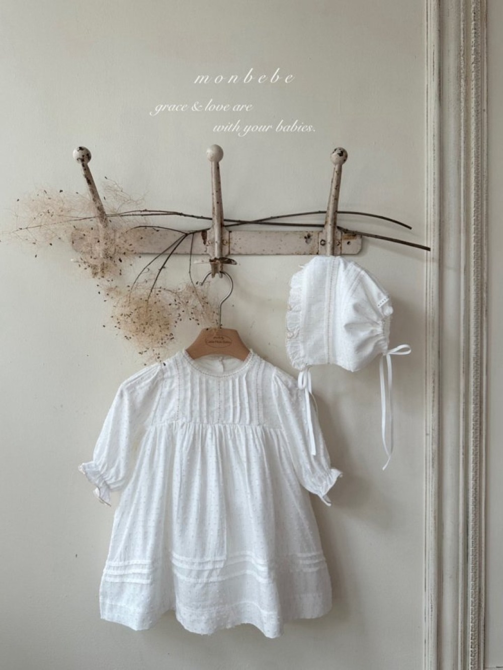 MONBEBE52｜(6m-12m) 花壓紋洋裝/帽子