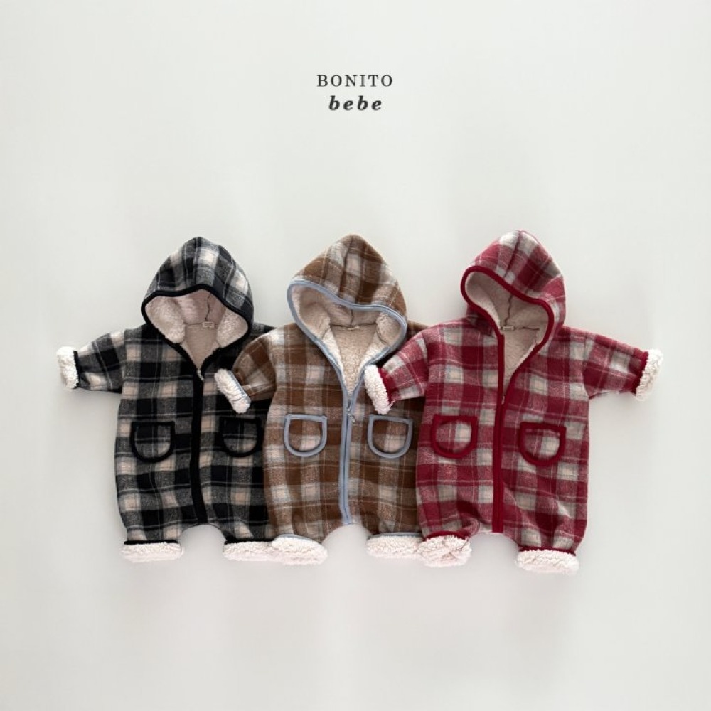 Bonito66｜(3m-18cm) 格紋口袋連帽拉鍊連身衣