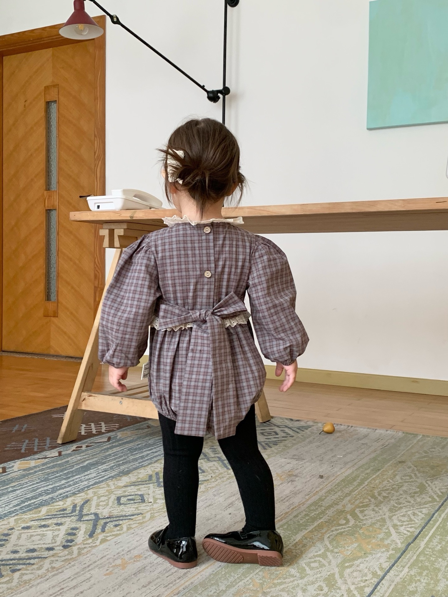 JE618｜(73cm-100cm) 格紋蕾絲綁帶包屁衣