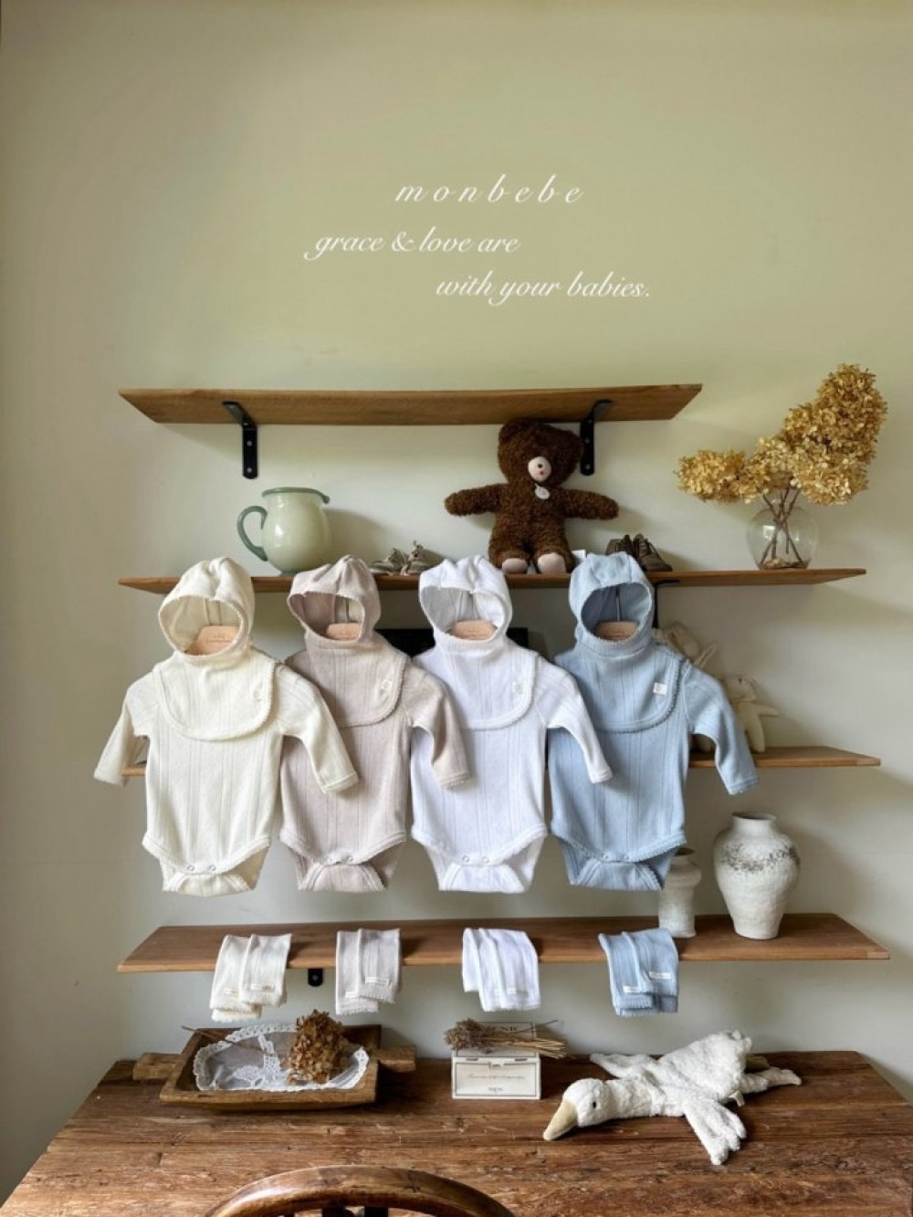 MONBEBE02｜(3m-24m) 透氣羅紋包屁衣+連帽+腿套套裝