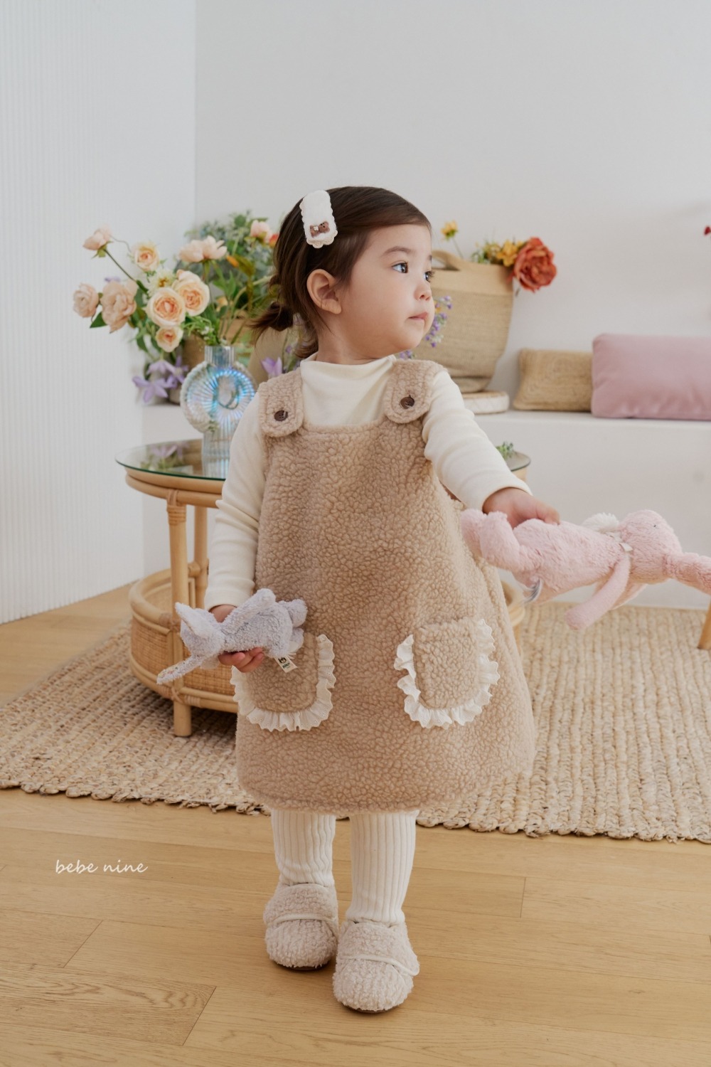 bebe nine38 (65cm-115cm) 2色蕾絲邊口袋吊帶洋裝