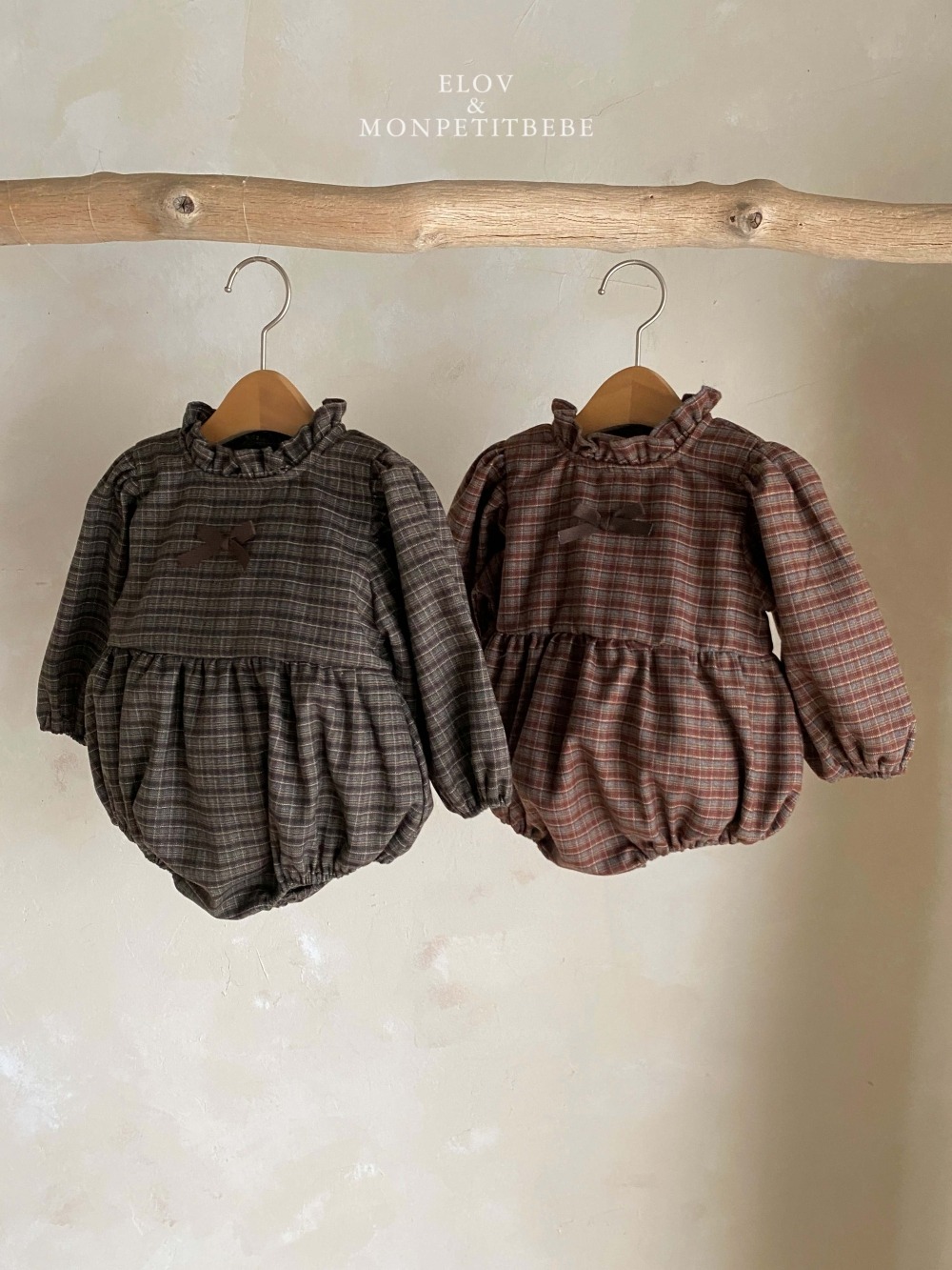 Monpetitbebe02｜(6m-18m) 荷葉立領格紋包屁衣