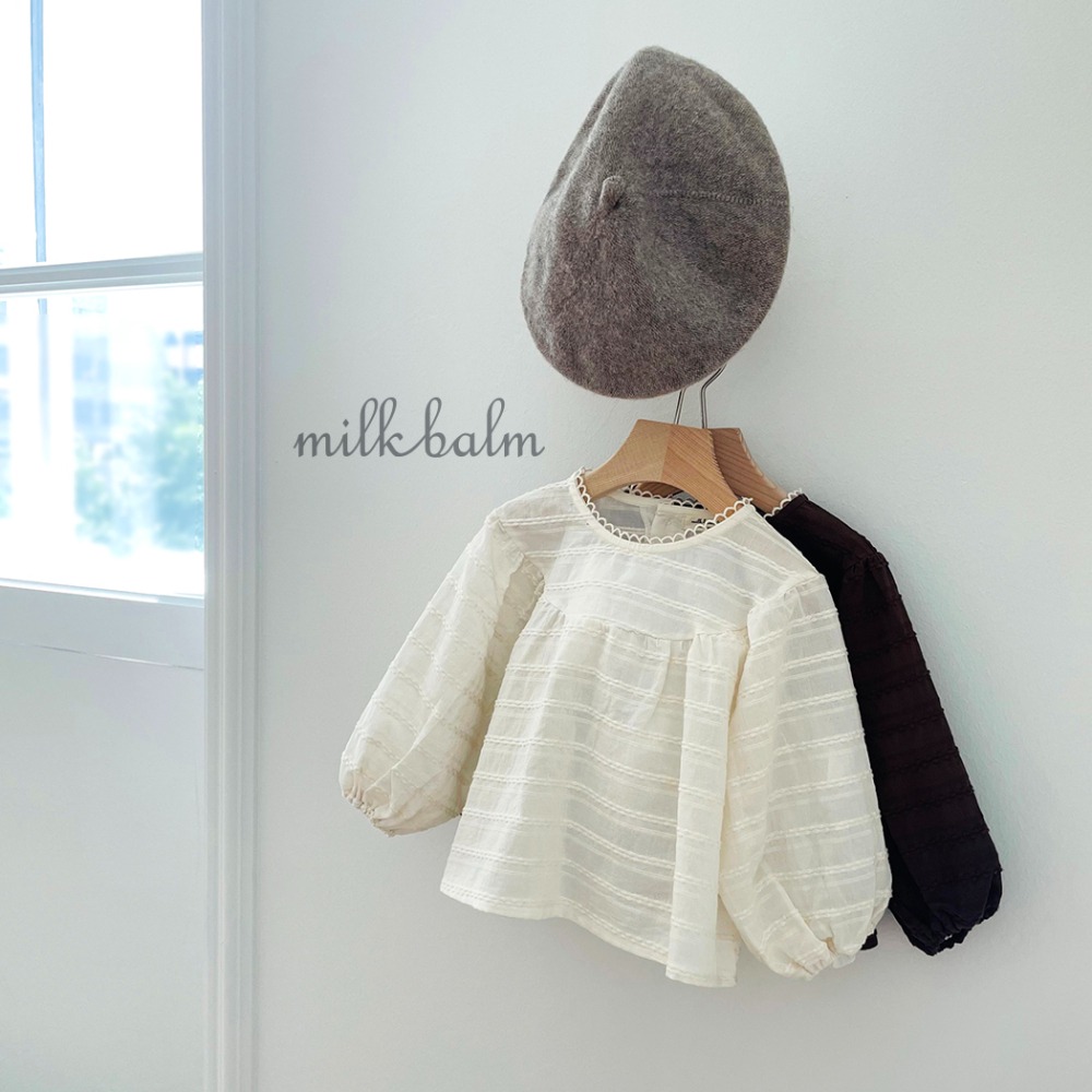 Milk Balm23｜(1-7y) 2色條紋壓紋花邊襯衫