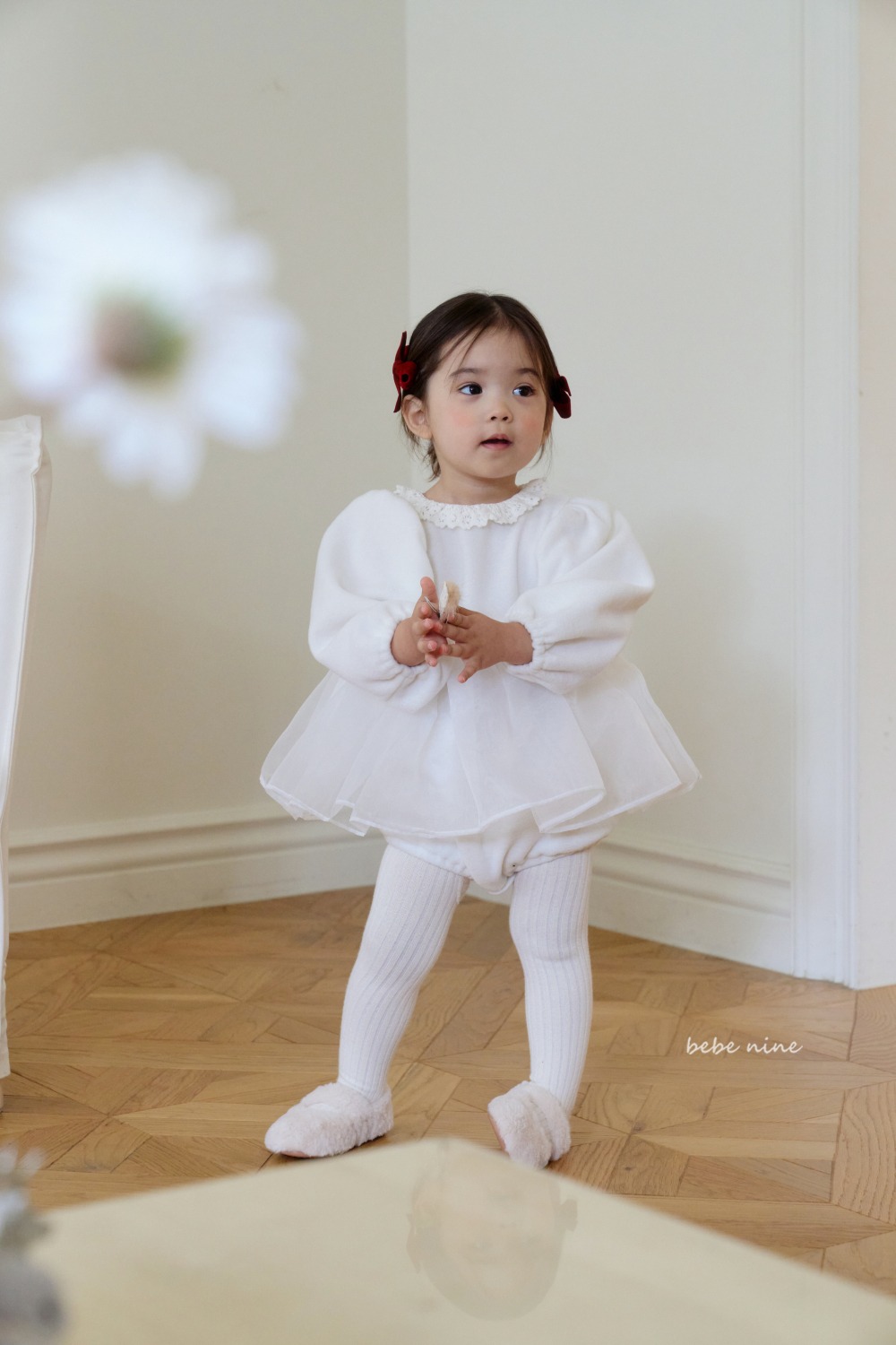 bebe nine55 (65cm-85cm) 2色蕾絲滾邊薄紗洋裝包屁衣