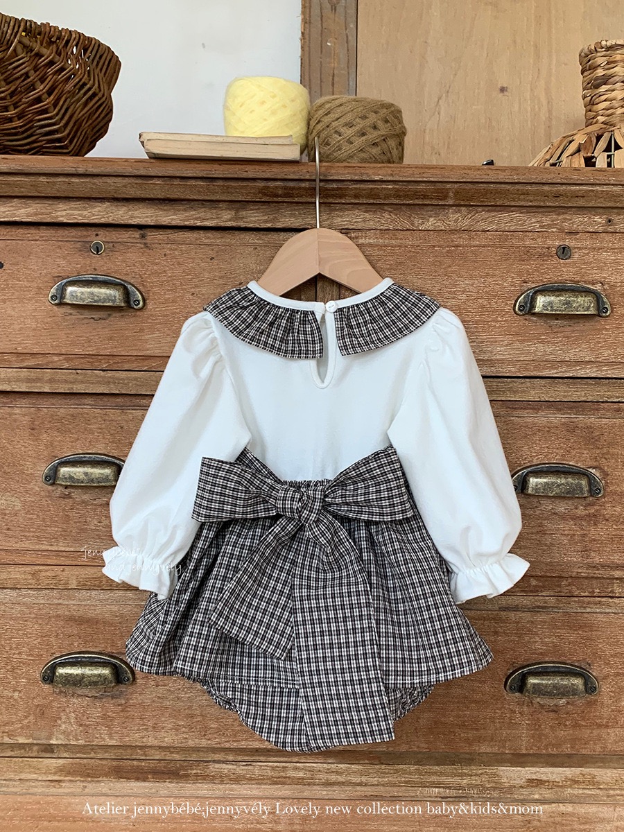 JE583｜(66-90cm) 格紋蝴蝶結綁帶包屁衣