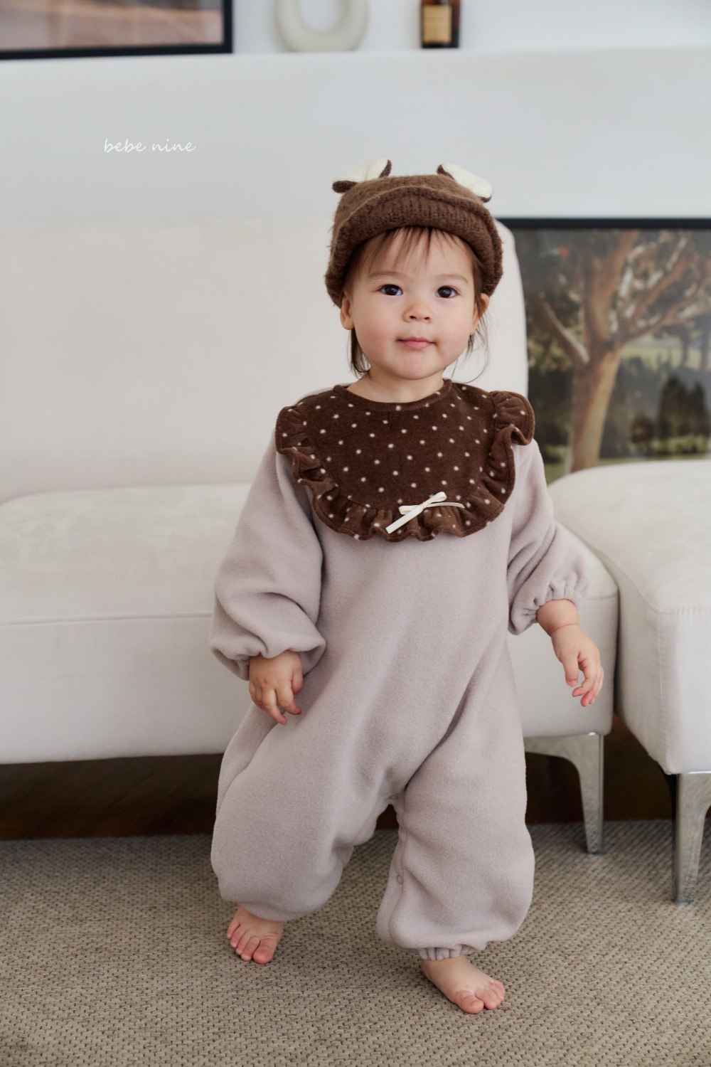 bebe nine04 (55cm-75cm) 2色磨毛荷葉圍兜設計連身衣