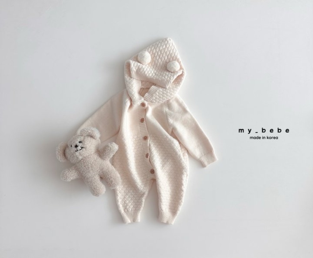 my_bebe30｜(-3m-18m-) 小毛球連帽針織連身衣