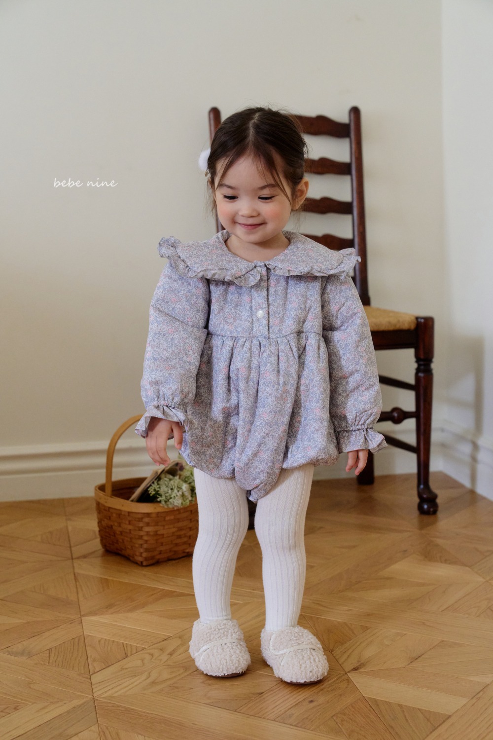 bebe nine62 (55cm-85cm) 2色碎花荷葉領蝴蝶夾層棉包屁衣