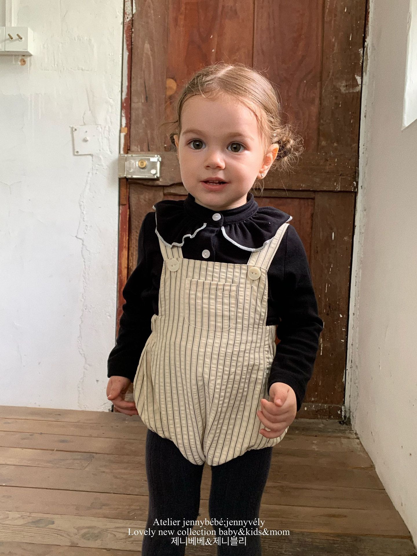 JE567｜(73-100cm) 滾邊翻領上衣/線條吊帶褲