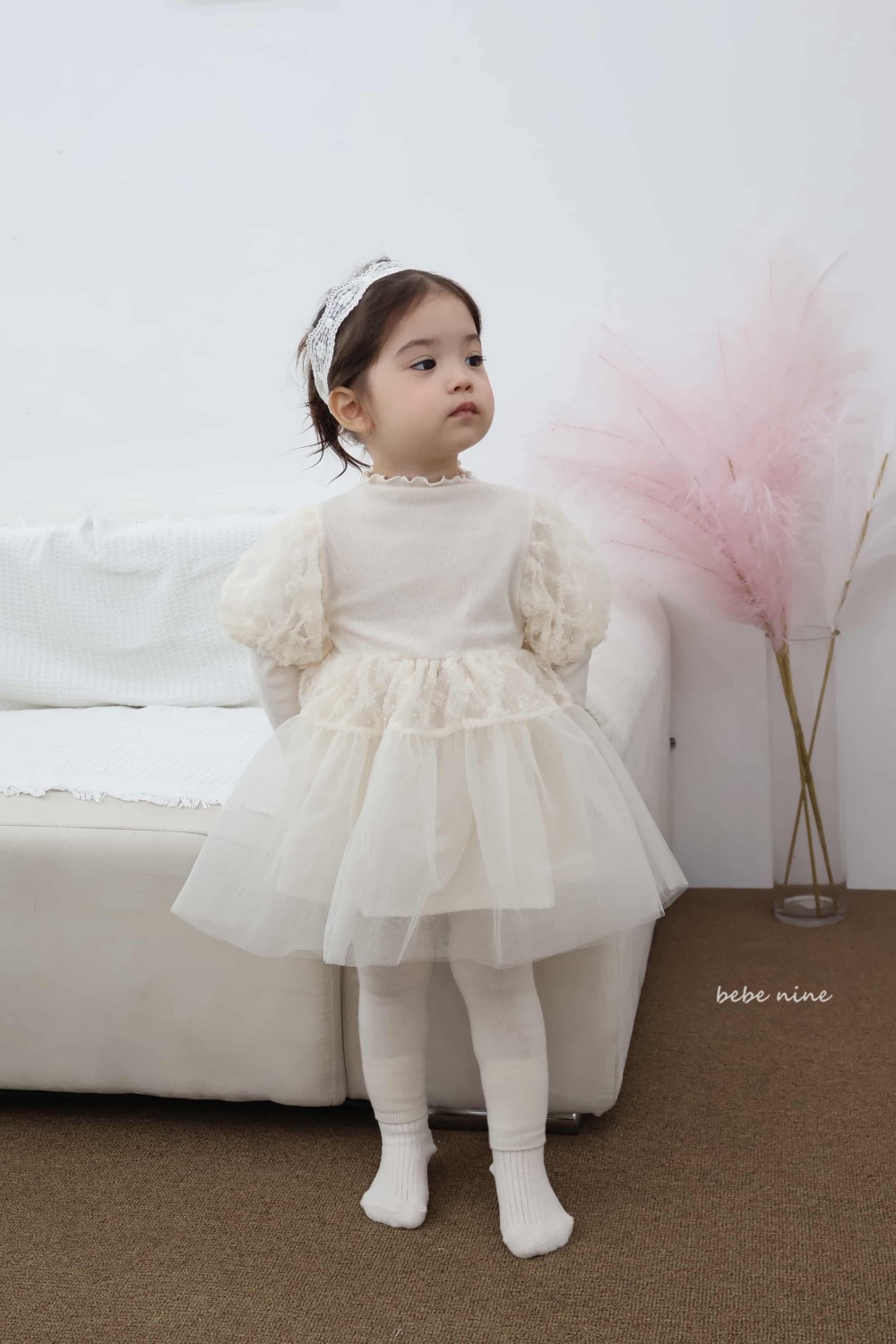 bebe nine43 (65cm-115cm) 2色公主袖蕾絲薄紗洋裝