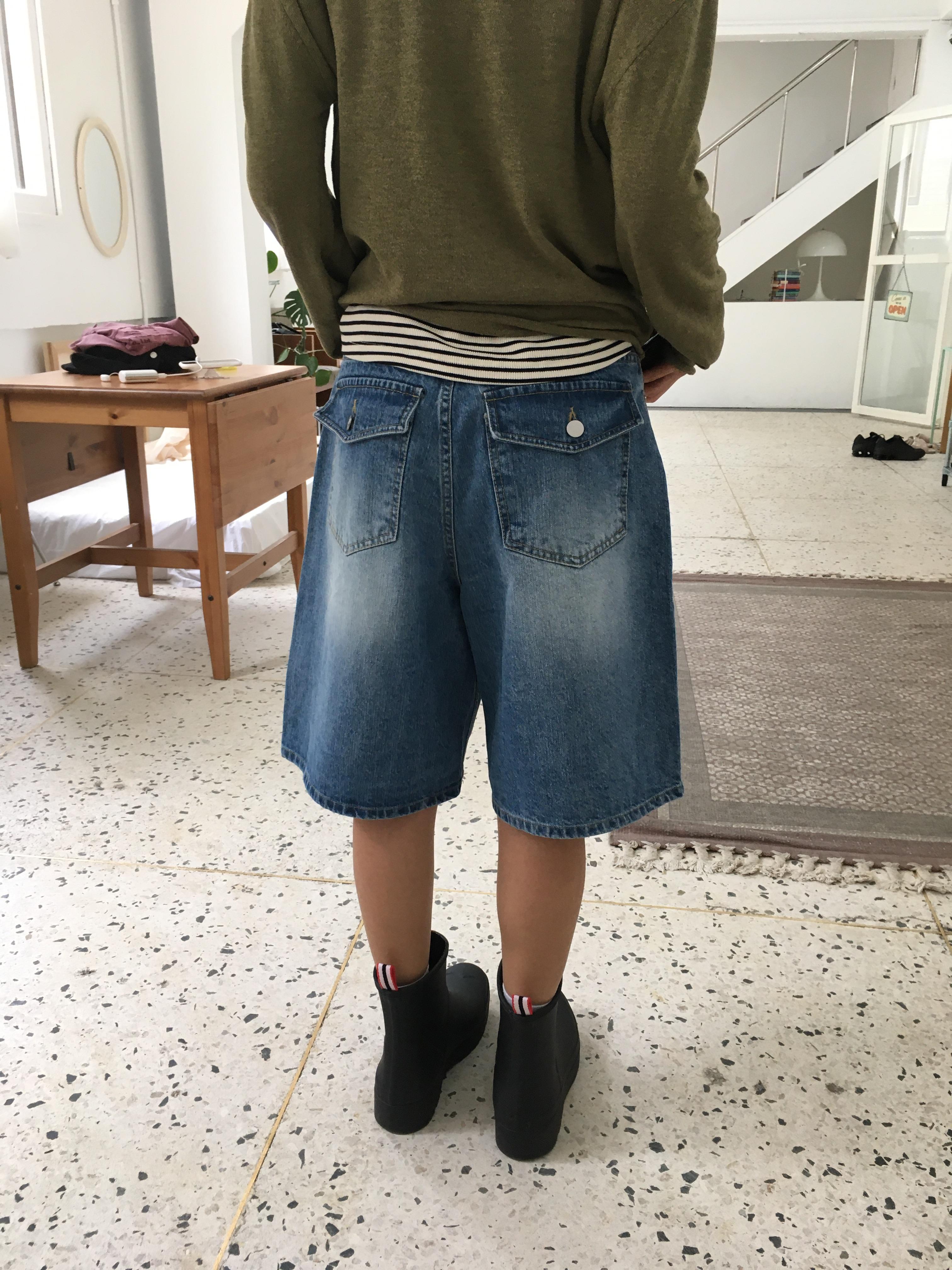 韓女基本款 大口袋 牛仔 6分短褲 - 2C5