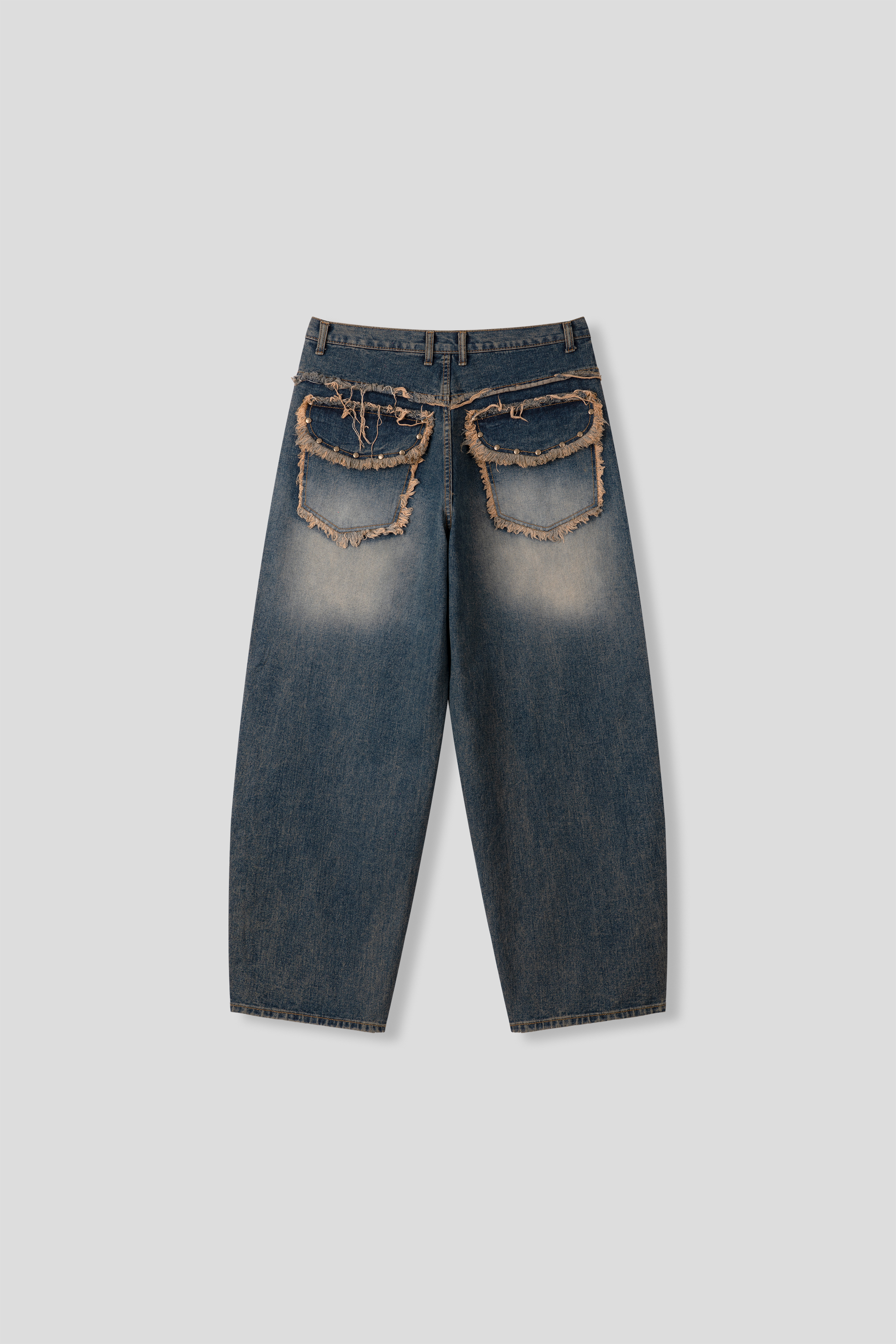 漸層水洗 鑲式卯釘 大口袋 牛仔寬褲 - 2C23