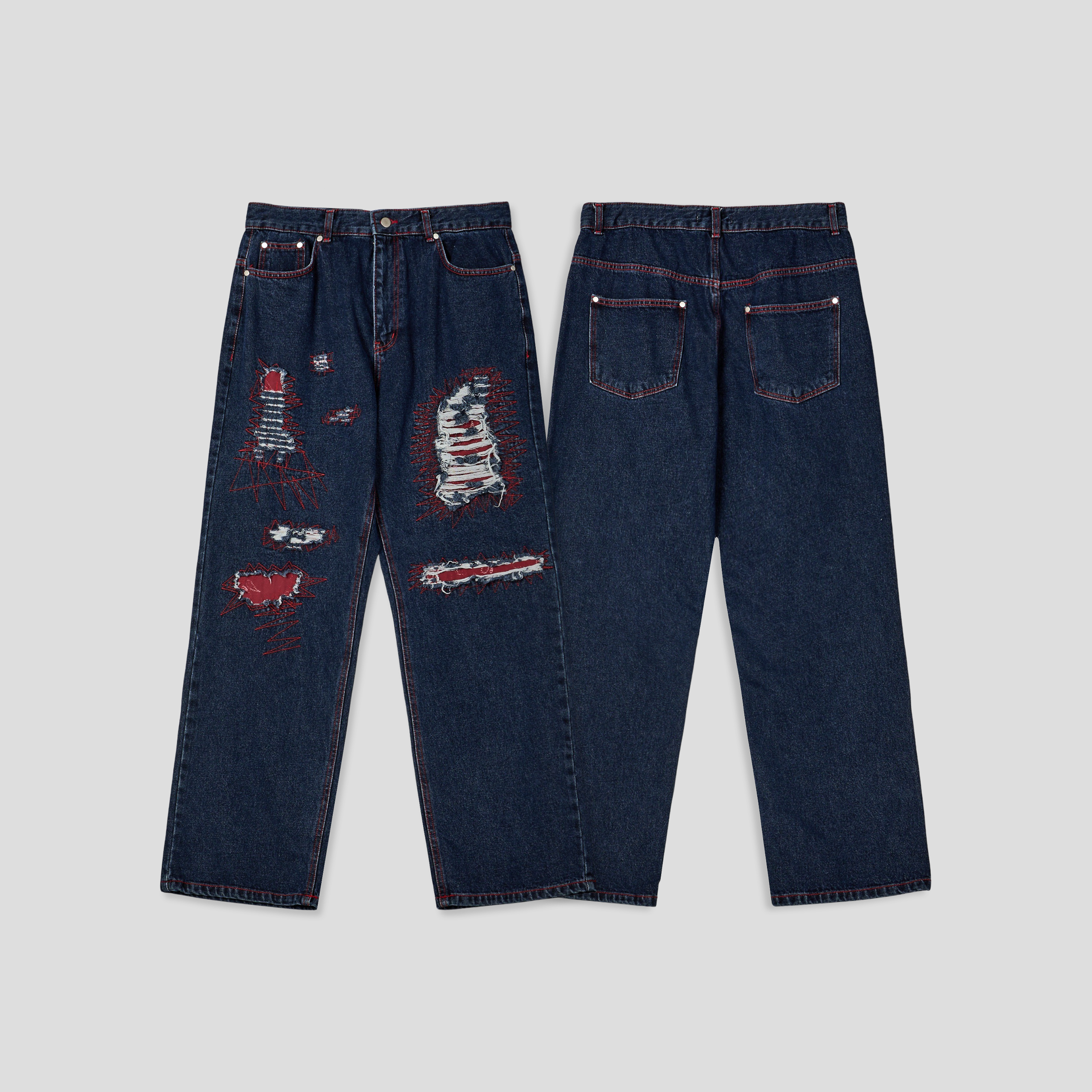 美式街頭 紅色警戒 破壞 直筒 微寬版 牛仔褲 - 1C14