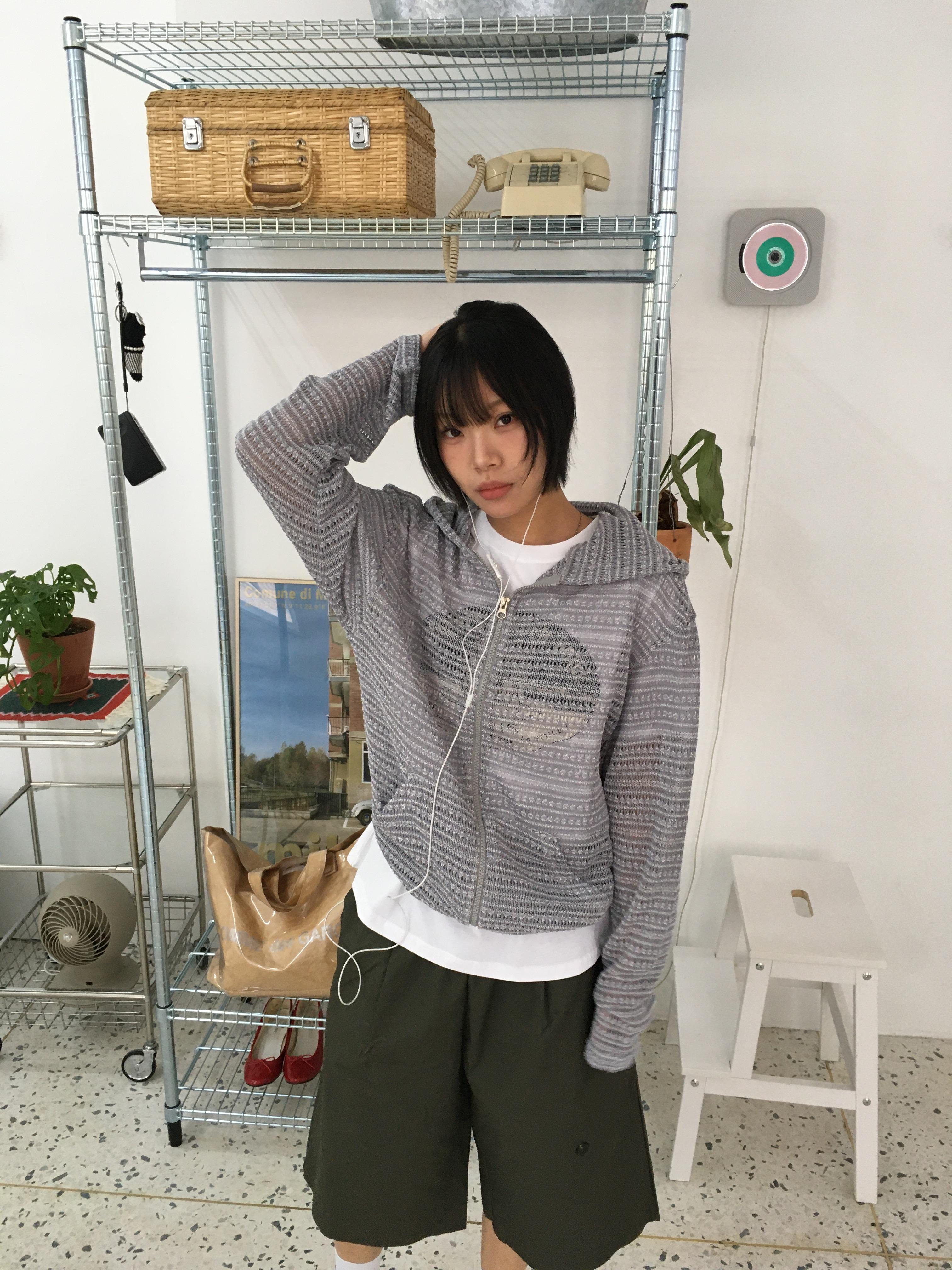 條紋針織 涼爽短版 夏季寬鬆 連帽外套 - 4C6