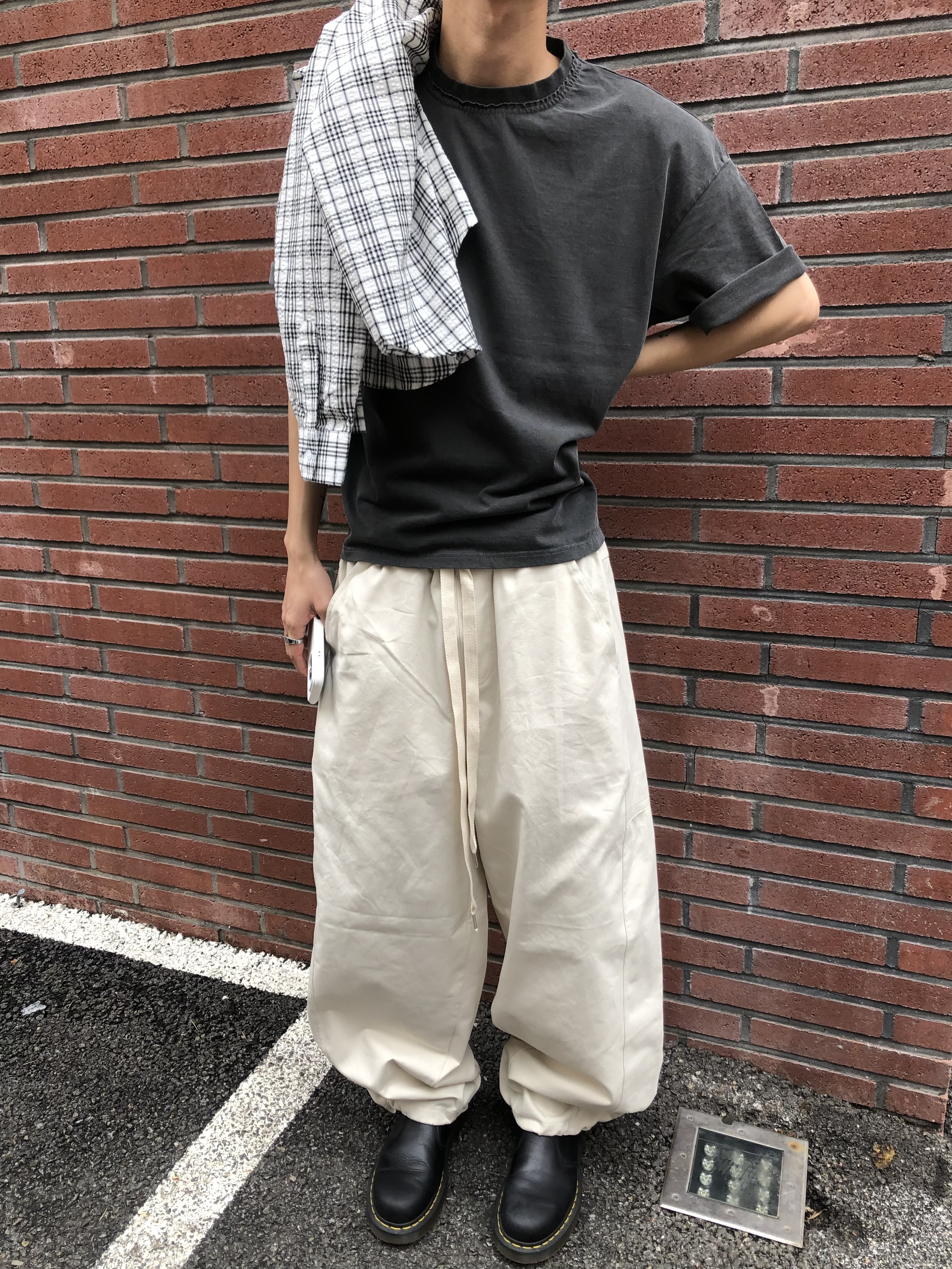 幹練率性 高檔蓬感木 寬版 鬆緊帶 工裝褲 - 3C12