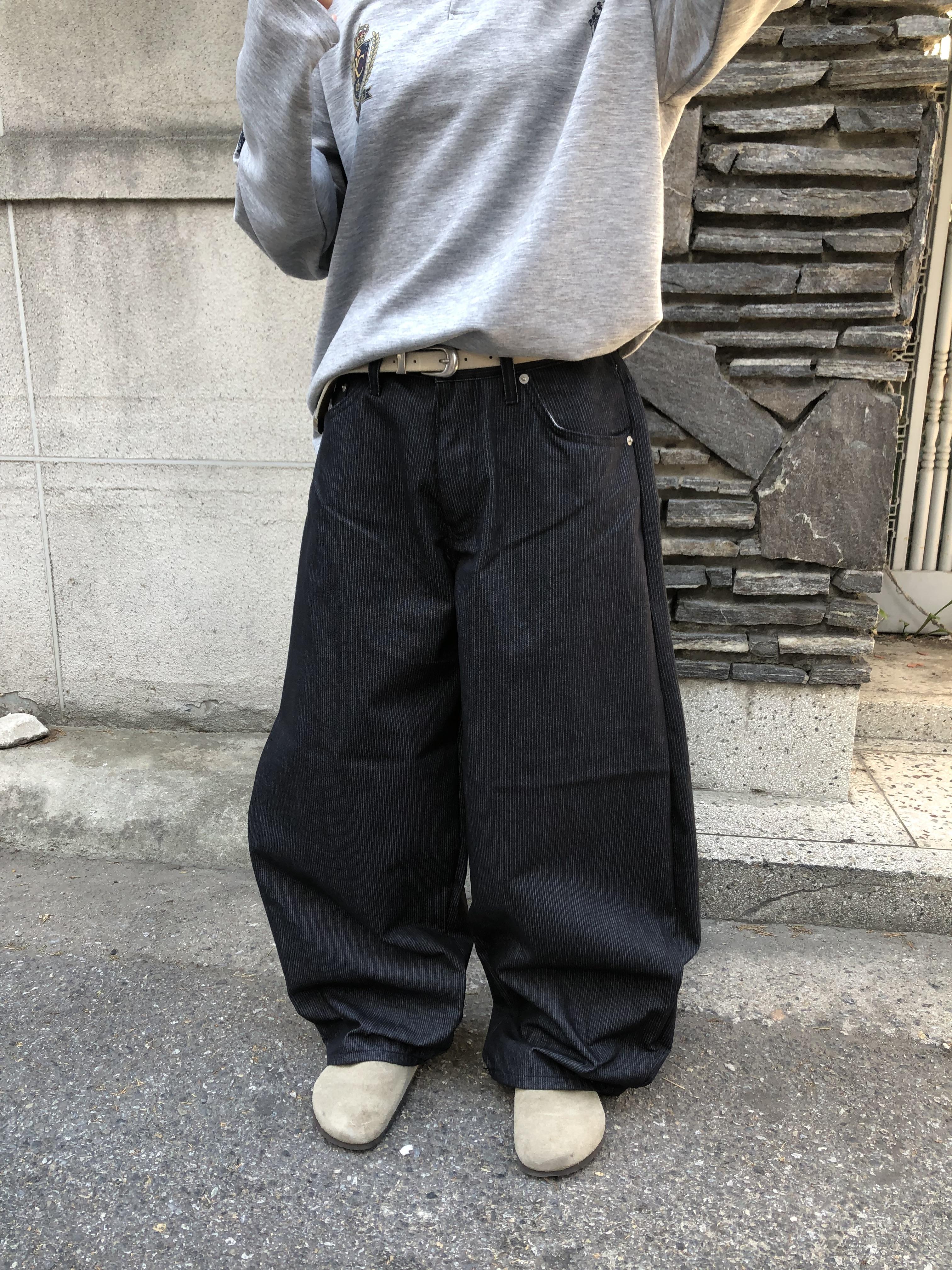 街頭經典百搭 細條紋 鬆緊帶 寬版 牛仔長褲 - 3C16