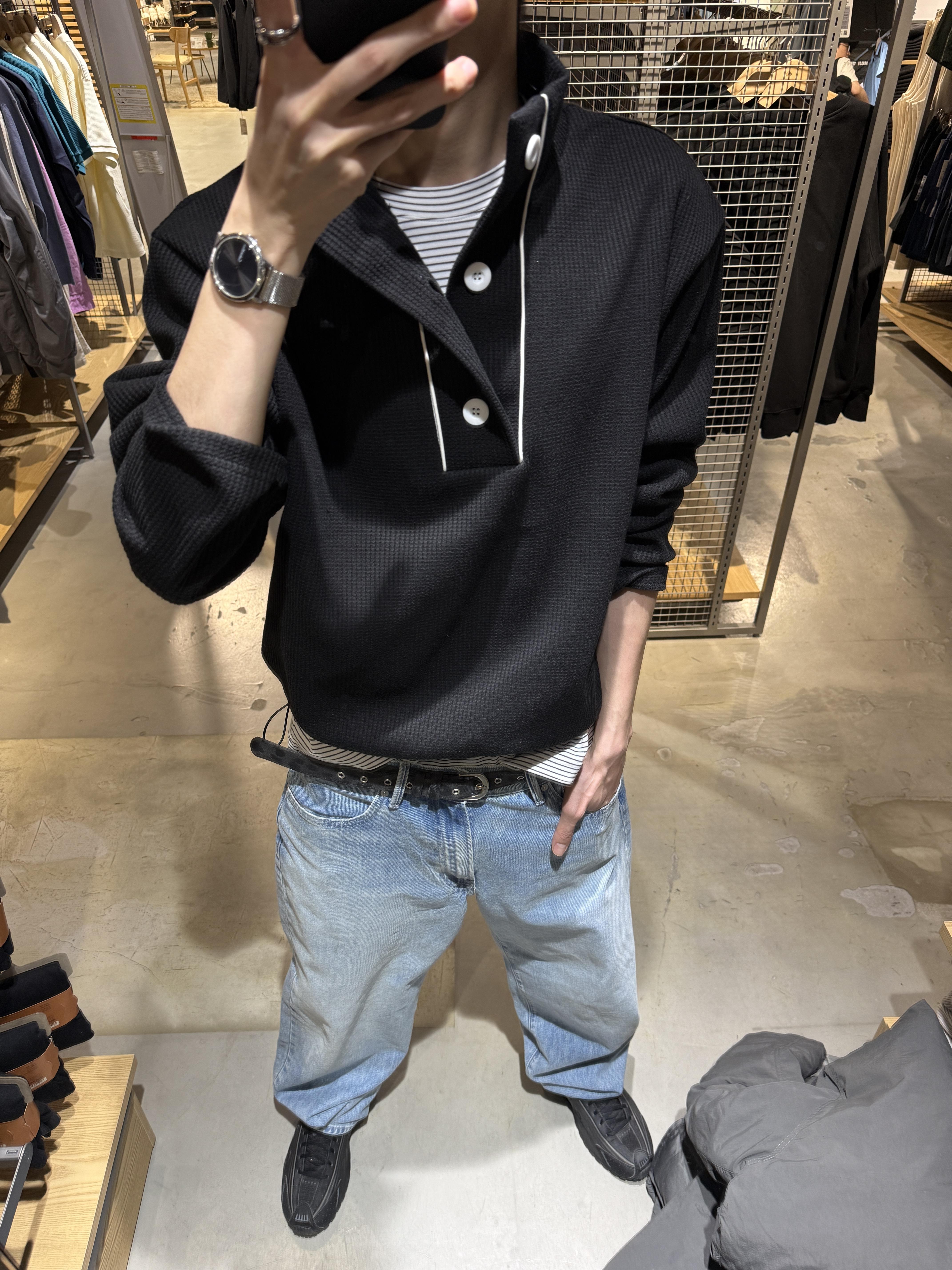 半高開V領 鈕扣 短版 華夫格 指套 薄長袖 - 3C2