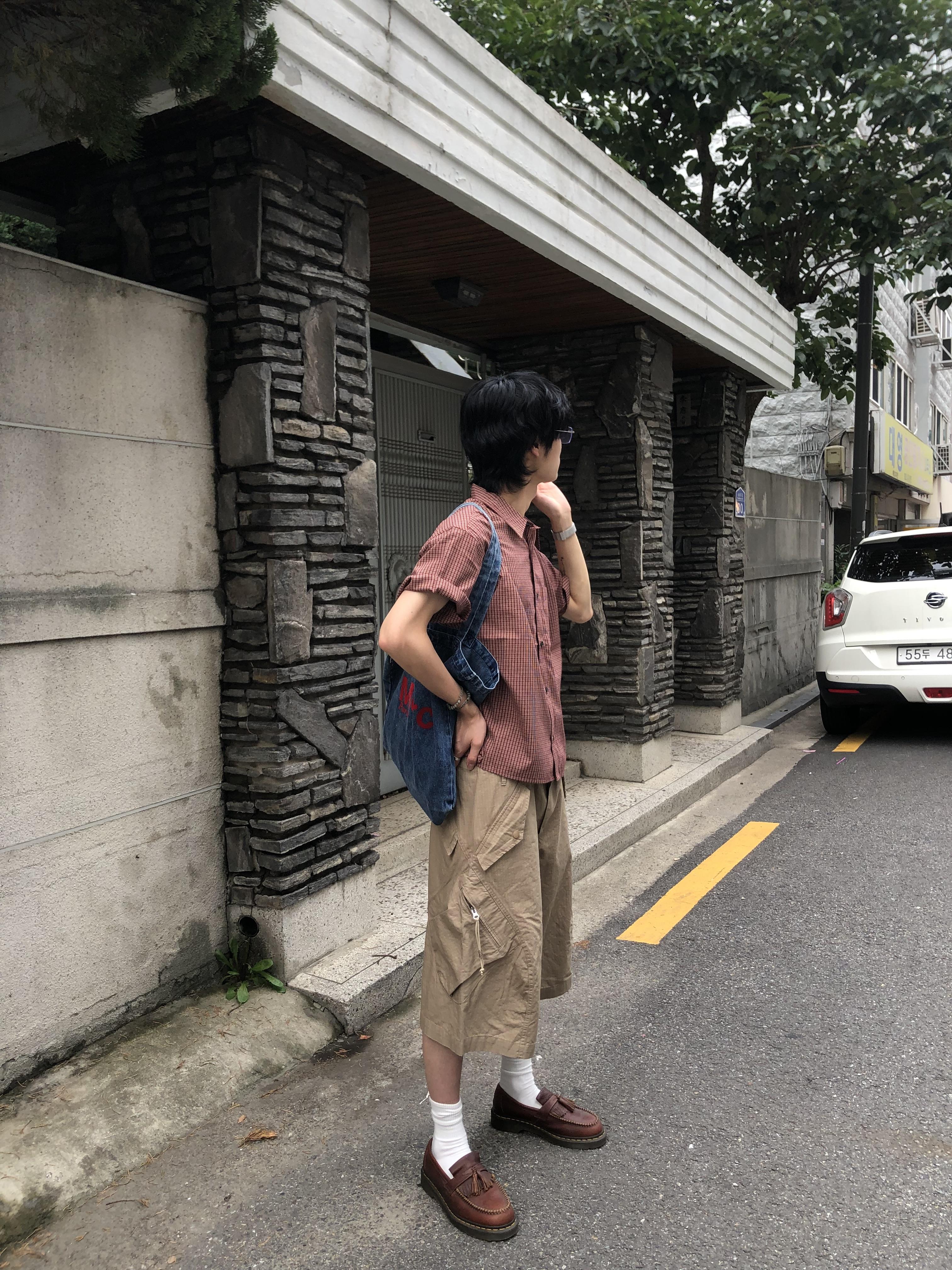 復古街頭 類尼龍 夏季清爽 斜口袋 工裝短褲 - 3C4