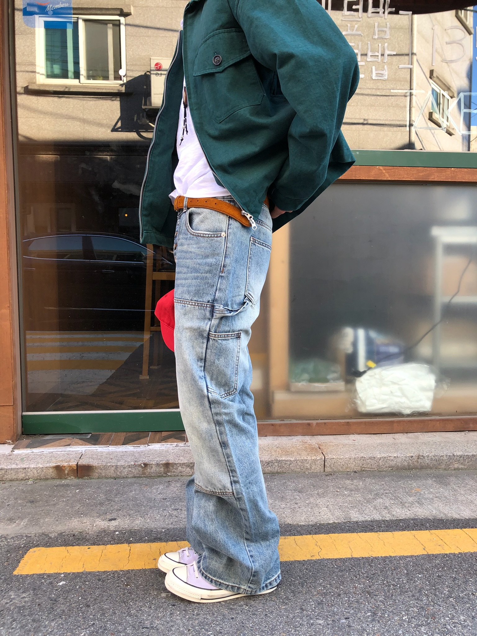 美式卡彭特 漸層刷色 多鈕扣造型 喇叭 牛仔長褲 - 1C7