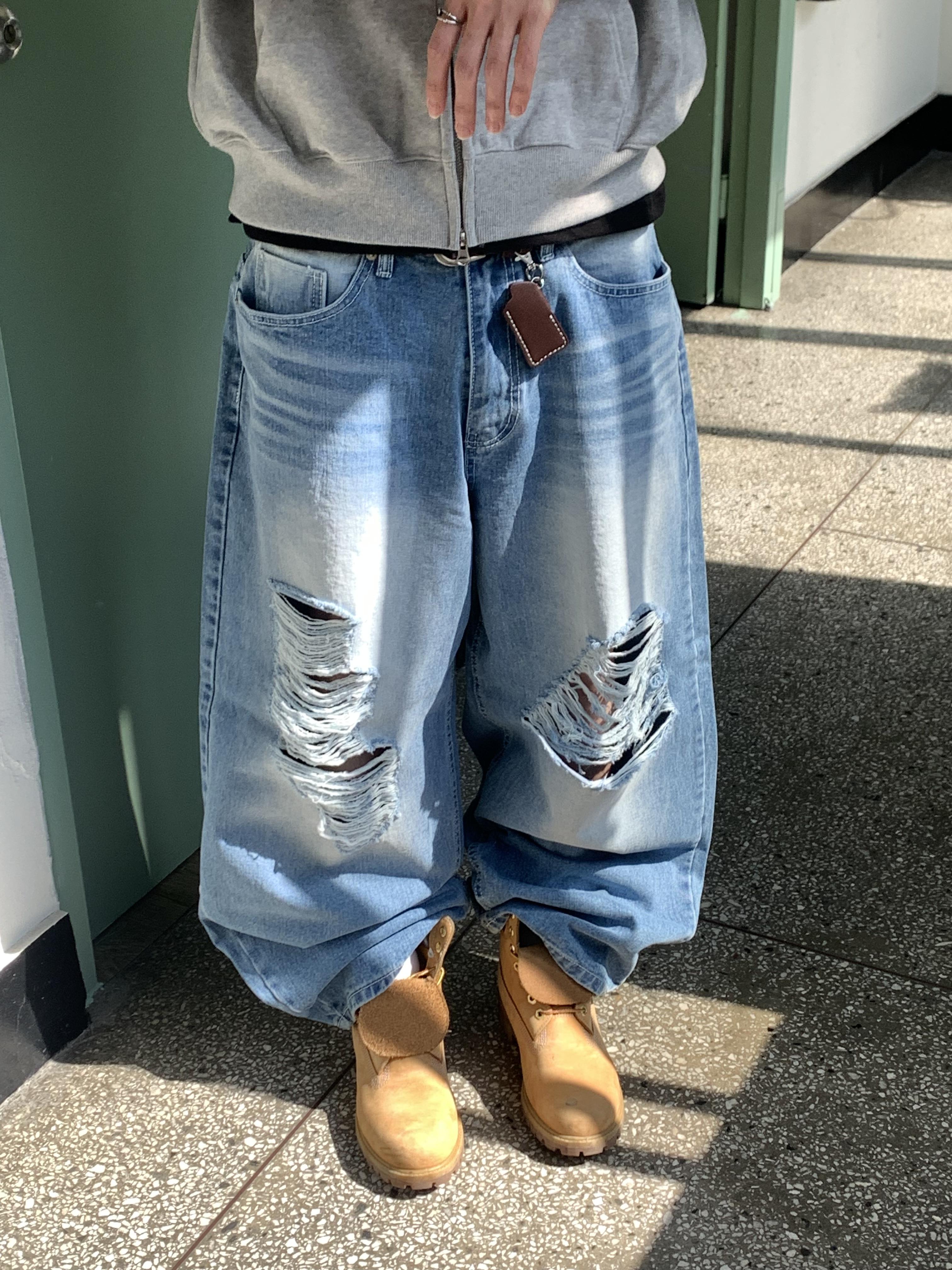 高檔布料 漸層刷色 街頭破洞 牛仔寬褲 - 2C9