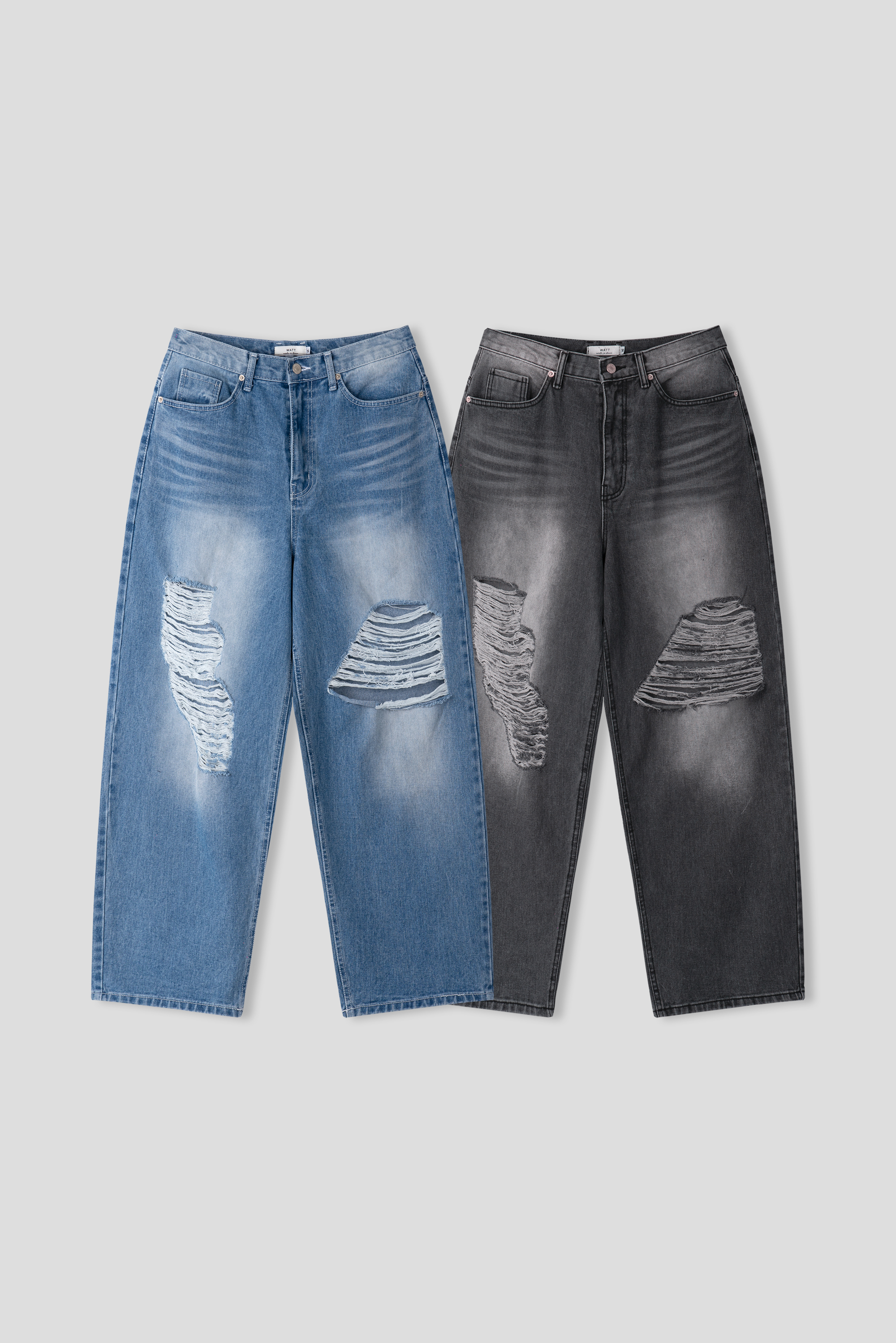 高檔布料 漸層刷色 街頭破洞 牛仔寬褲 - 2C21