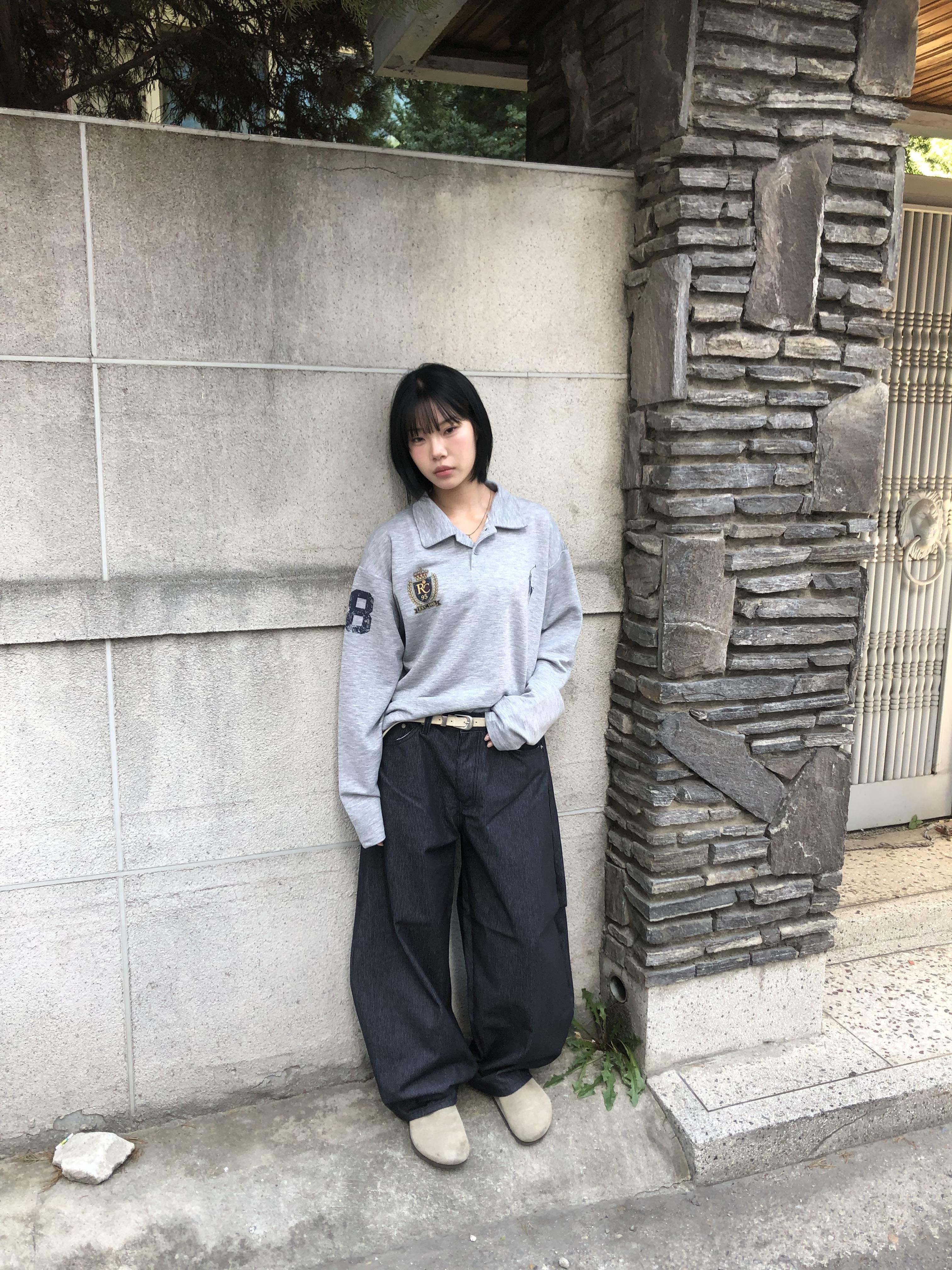 街頭經典百搭 細條紋 鬆緊帶 寬版 牛仔長褲 - 3C8