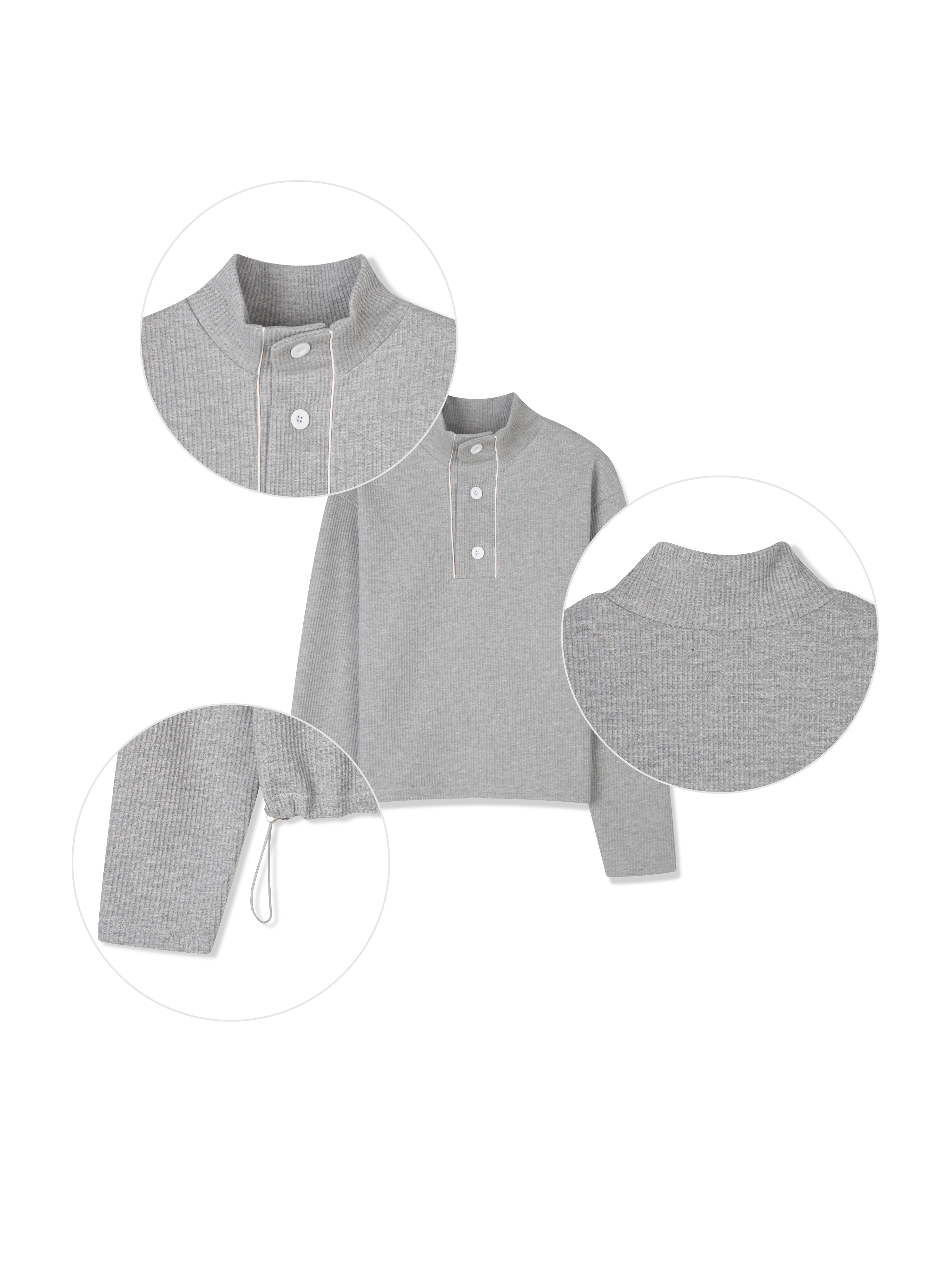 半高開V領 鈕扣 短版 華夫格 指套 薄長袖 - 3C25