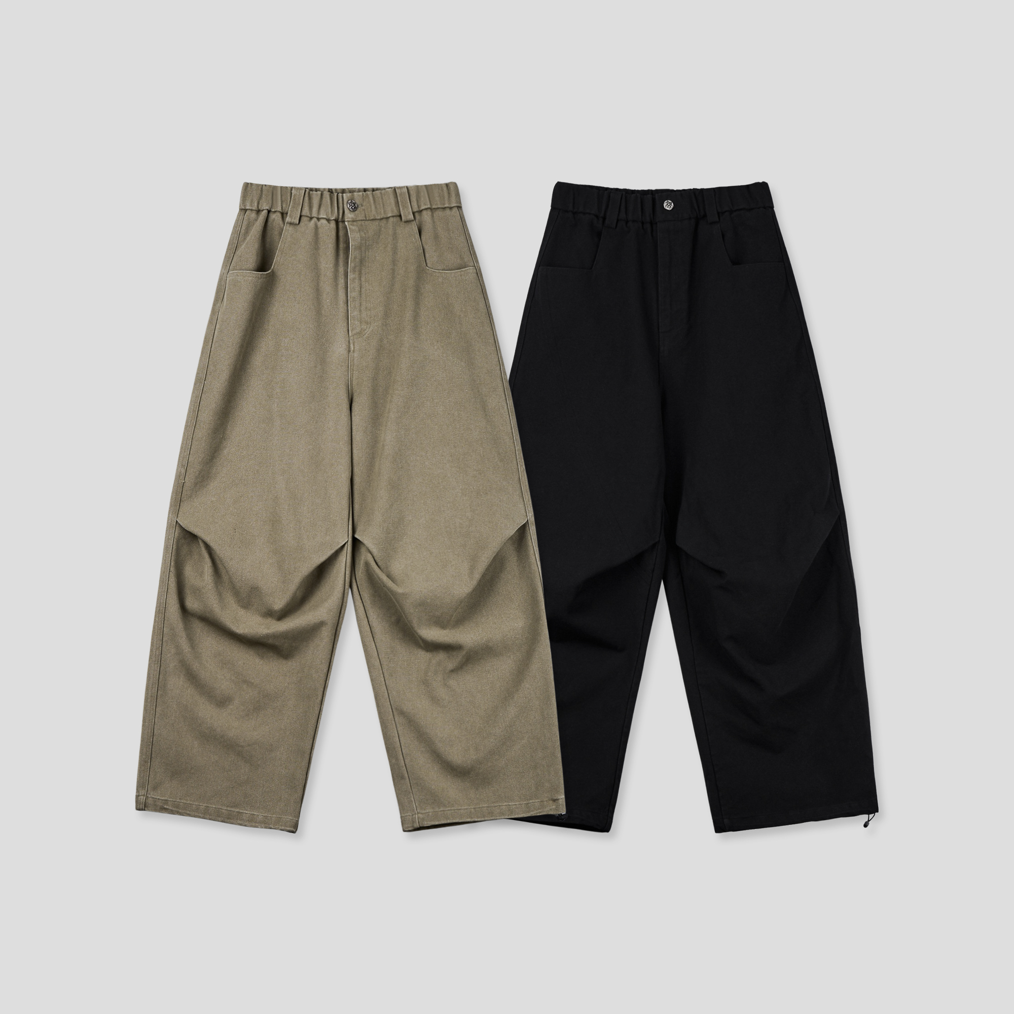 文藝鈕扣 降落傘抓皺 寬版 鬆緊帶 牛仔褲 (set-up) - 2C22