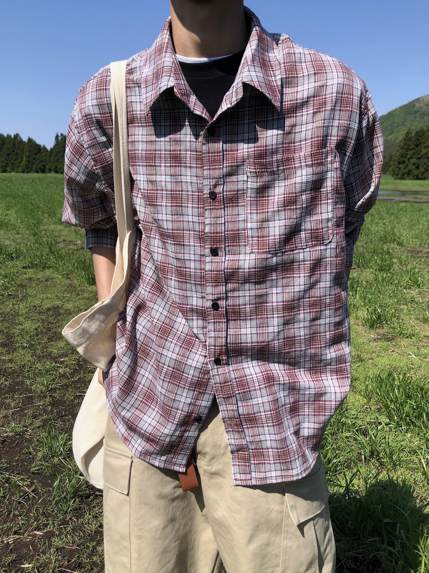 文藝浪漫派 夏季輕薄 撞色格紋 寬鬆襯衫 - 3C6