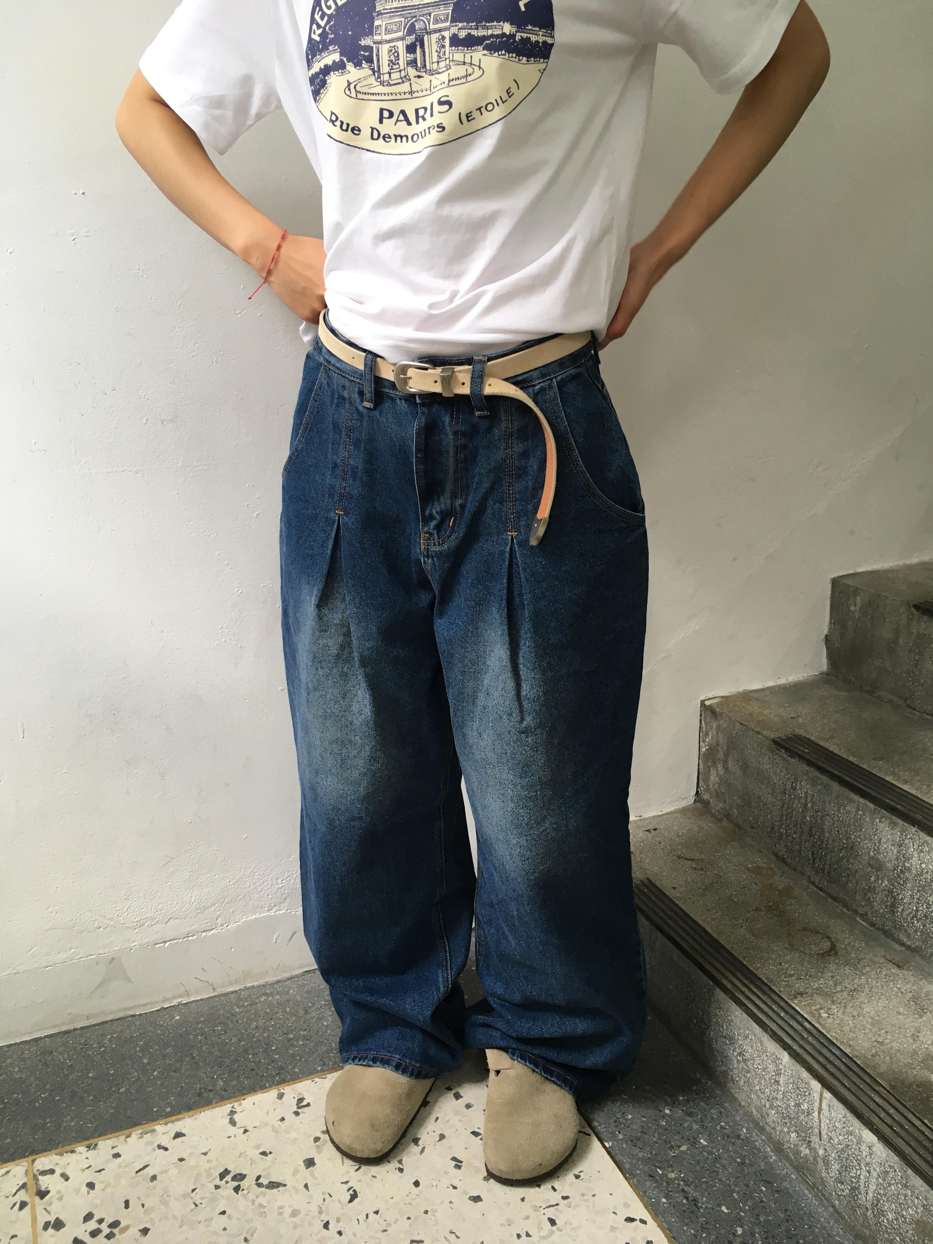 質感韓系女 休閒風 俐落抓皺 牛仔 寬褲 - 3C13