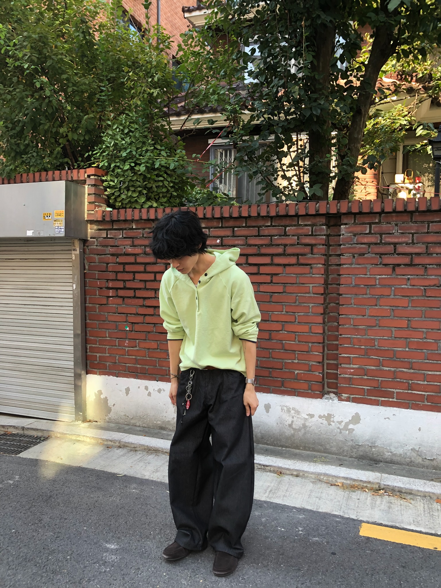 街頭經典百搭 細條紋 鬆緊帶 寬版 牛仔長褲 - 3C19